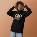 Unisex hoodie with ‘CEO in Progress’ text graphic — WYVibe entrepreneur streetwear hoodie.