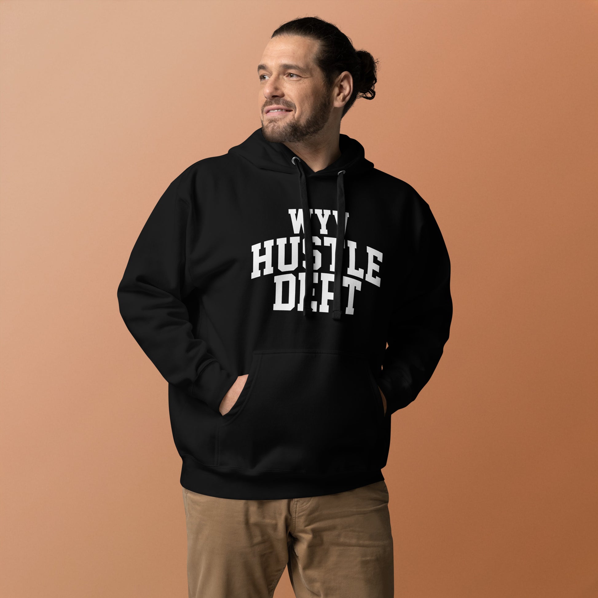 Unisex hoodie with ‘WYV Hustle Dept.’ collegiate design — WYVibe entrepreneur streetwear hoodie.