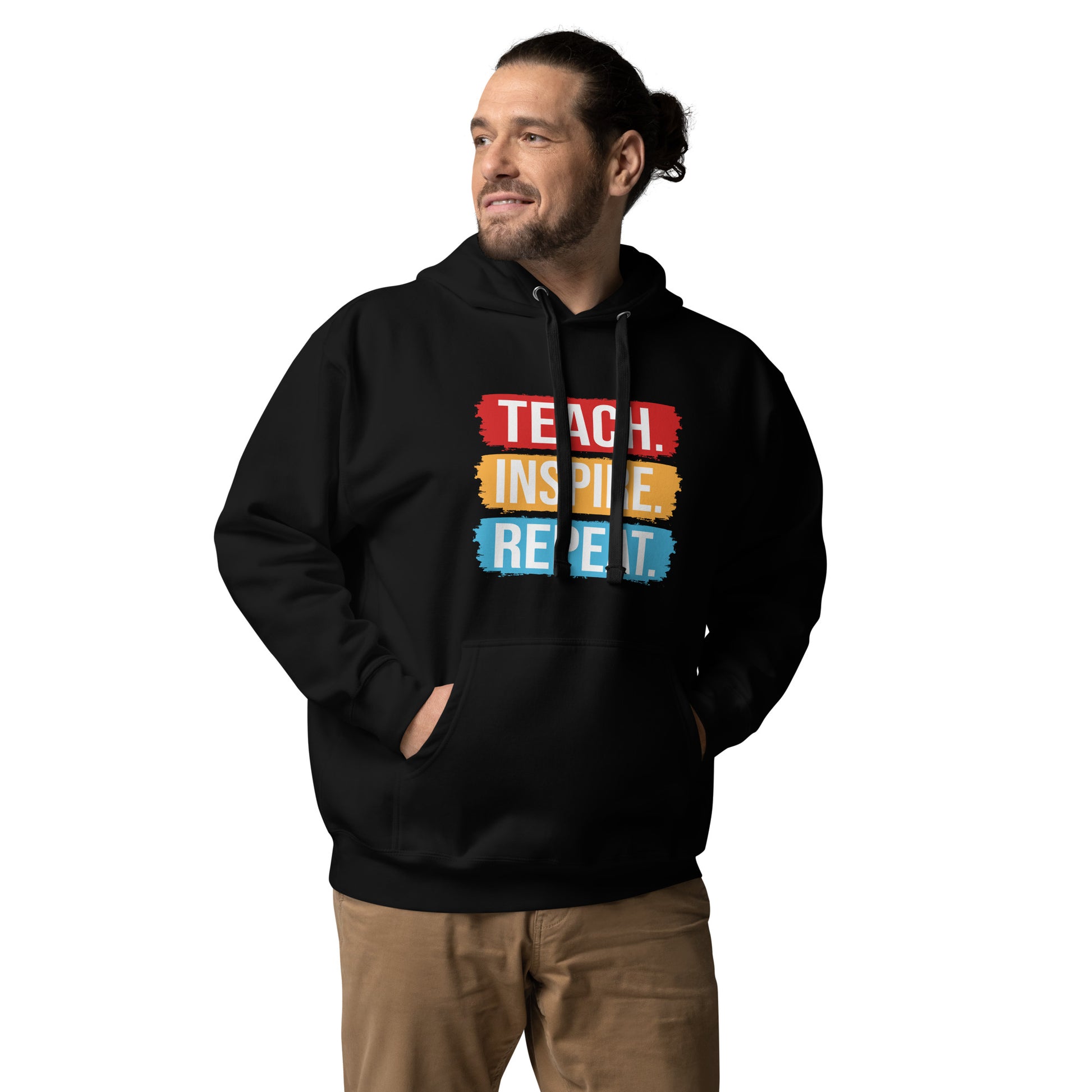 Unisex hoodie with ‘Teach. Inspire. Repeat.’ text design — WYVibe teacher hoodie.
