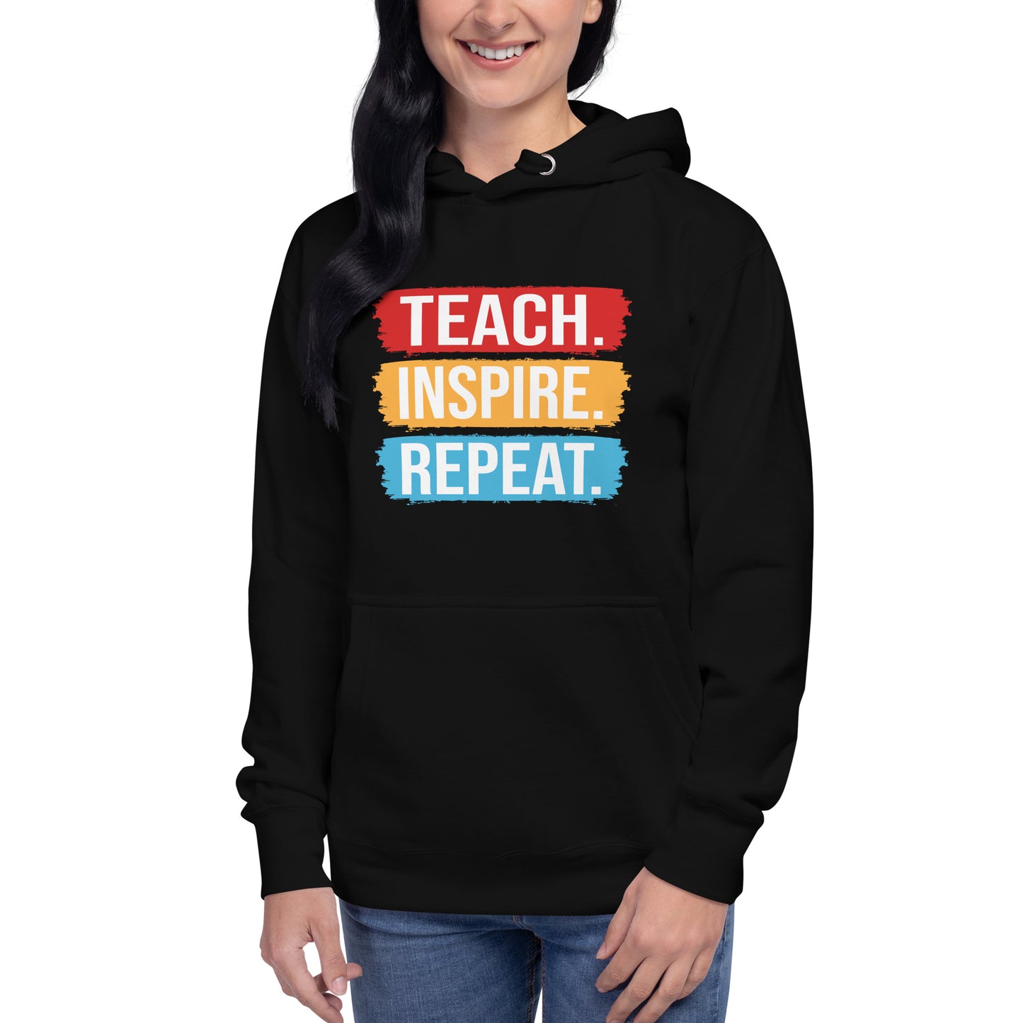Unisex hoodie with ‘Teach. Inspire. Repeat.’ text design — WYVibe teacher hoodie.