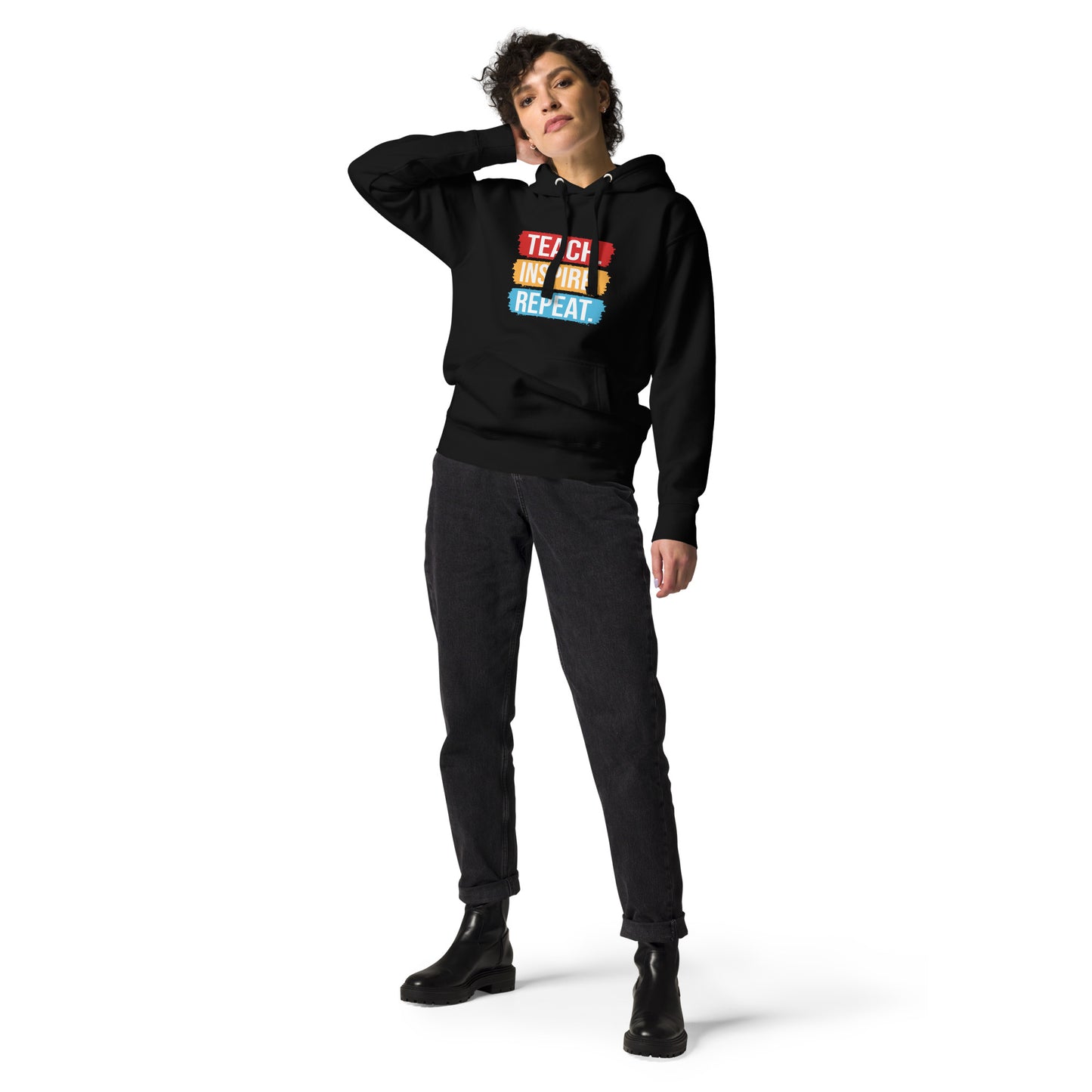Unisex hoodie with ‘Teach. Inspire. Repeat.’ text design — WYVibe teacher hoodie.