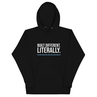 Unisex hoodie with ‘Built Different. Literally.’ text design — WYVibe motivational hoodie.