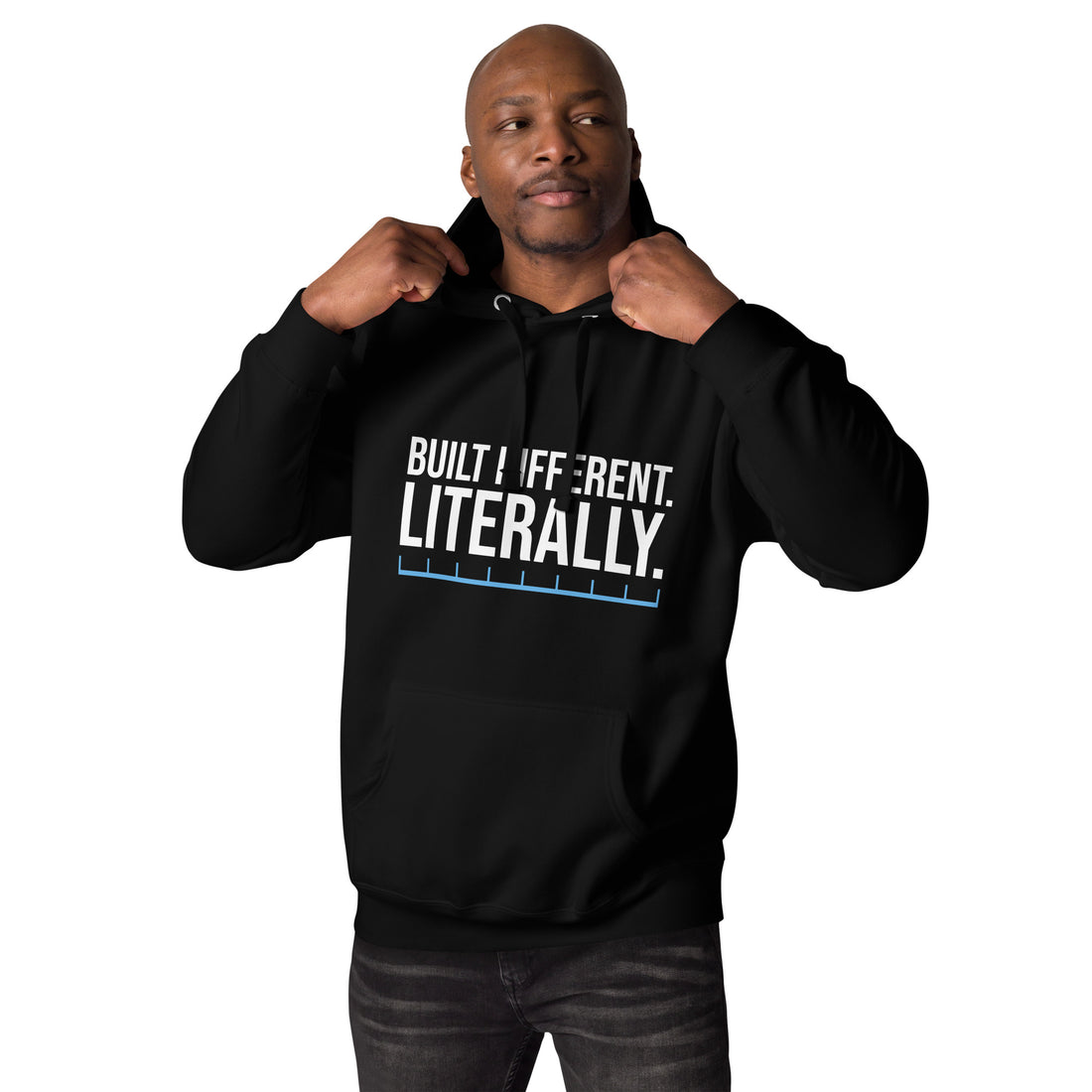 Unisex hoodie with ‘Built Different. Literally.’ text design — WYVibe motivational hoodie.