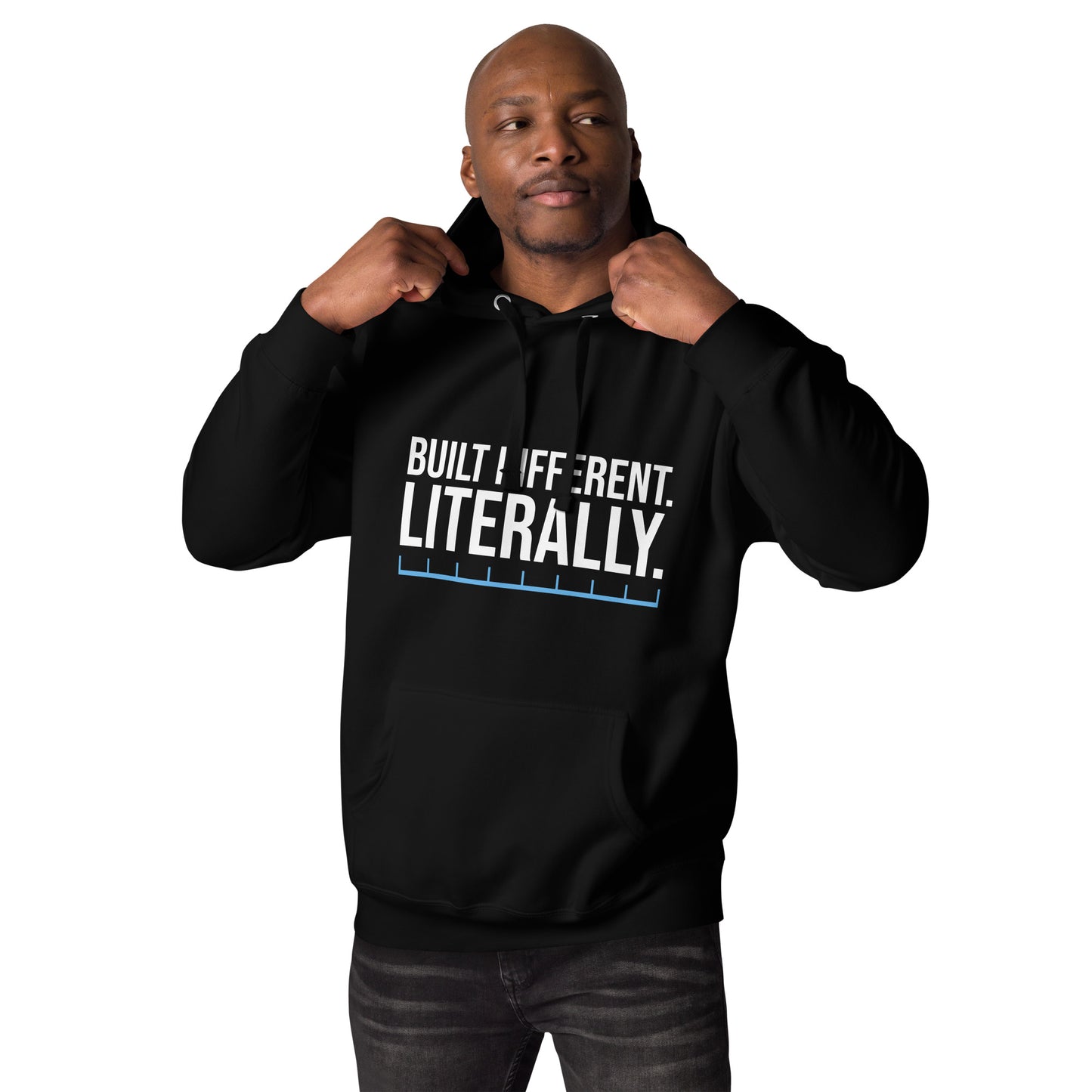 Unisex hoodie with ‘Built Different. Literally.’ text design — WYVibe motivational hoodie.