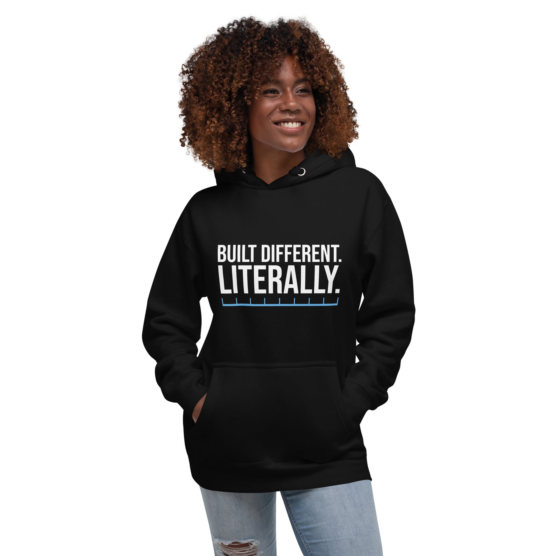 Unisex hoodie with ‘Built Different. Literally.’ text design — WYVibe motivational hoodie.