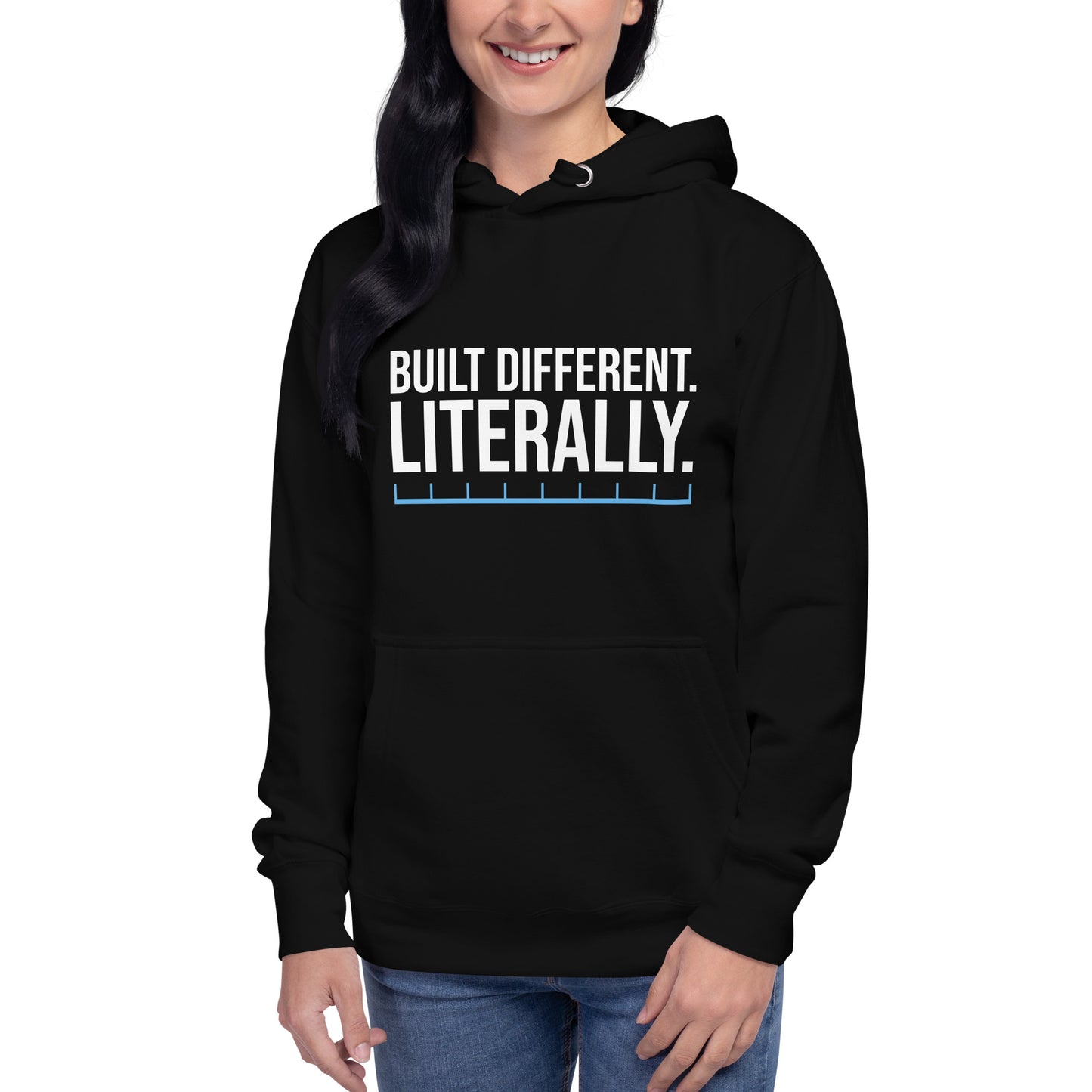 Unisex hoodie with ‘Built Different. Literally.’ text design — WYVibe motivational hoodie.