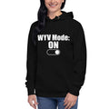 Unisex hoodie with ‘WYV Mode: ON’ coded design — WYVibe streetwear hoodie.