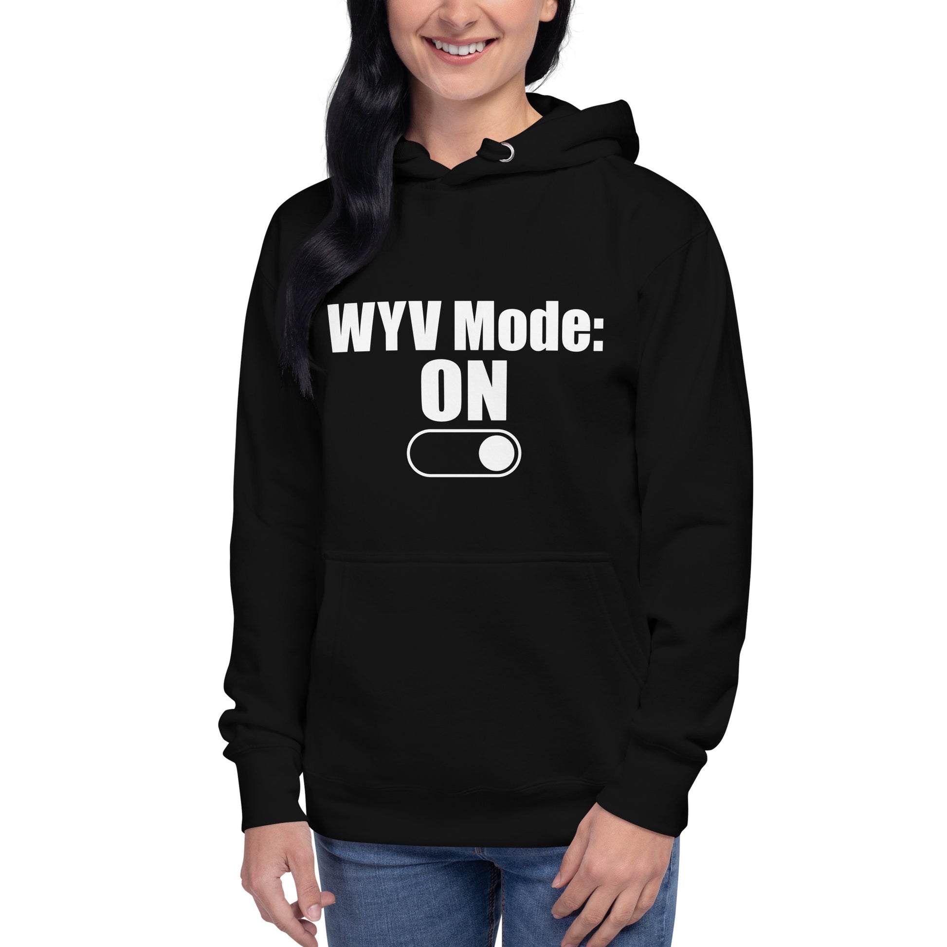 Unisex hoodie with ‘WYV Mode: ON’ coded design — WYVibe streetwear hoodie.