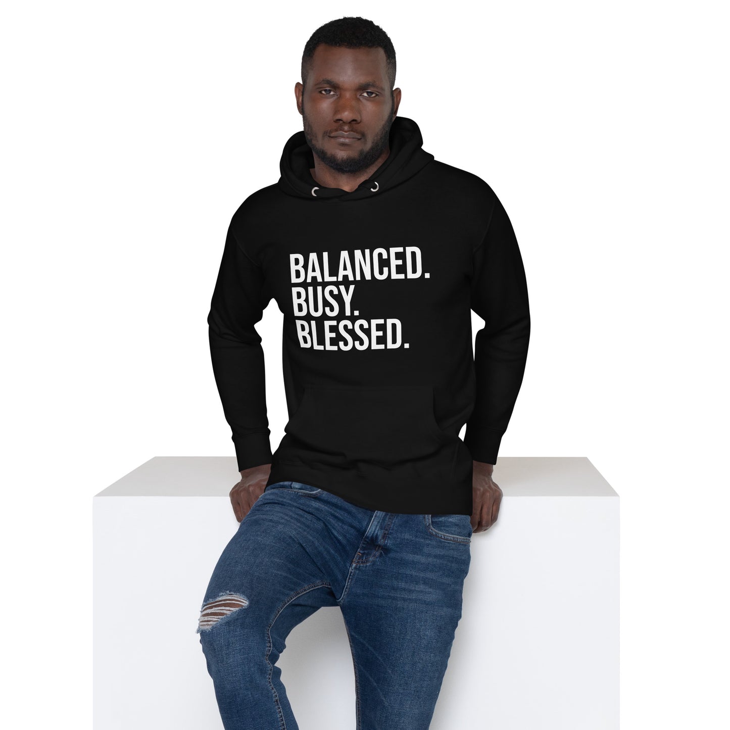 Unisex hoodie with ‘Balanced. Busy. Blessed.’ text design — WYVibe lifestyle hoodie