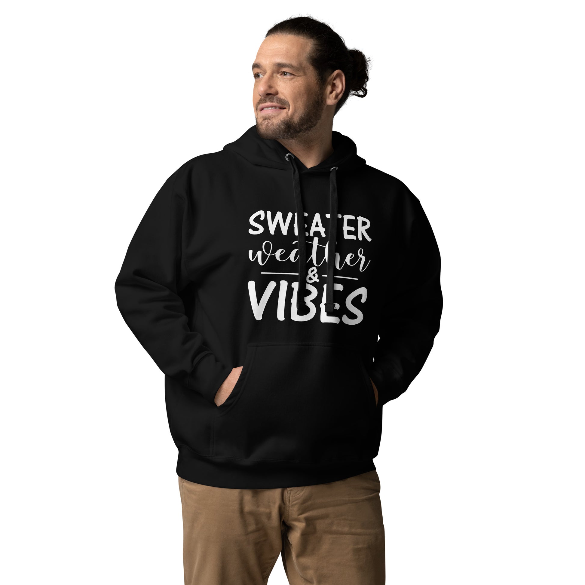 Unisex hoodie with ‘Sweater Weather & Vibes’ seasonal design — WYVibe cozy hoodie.