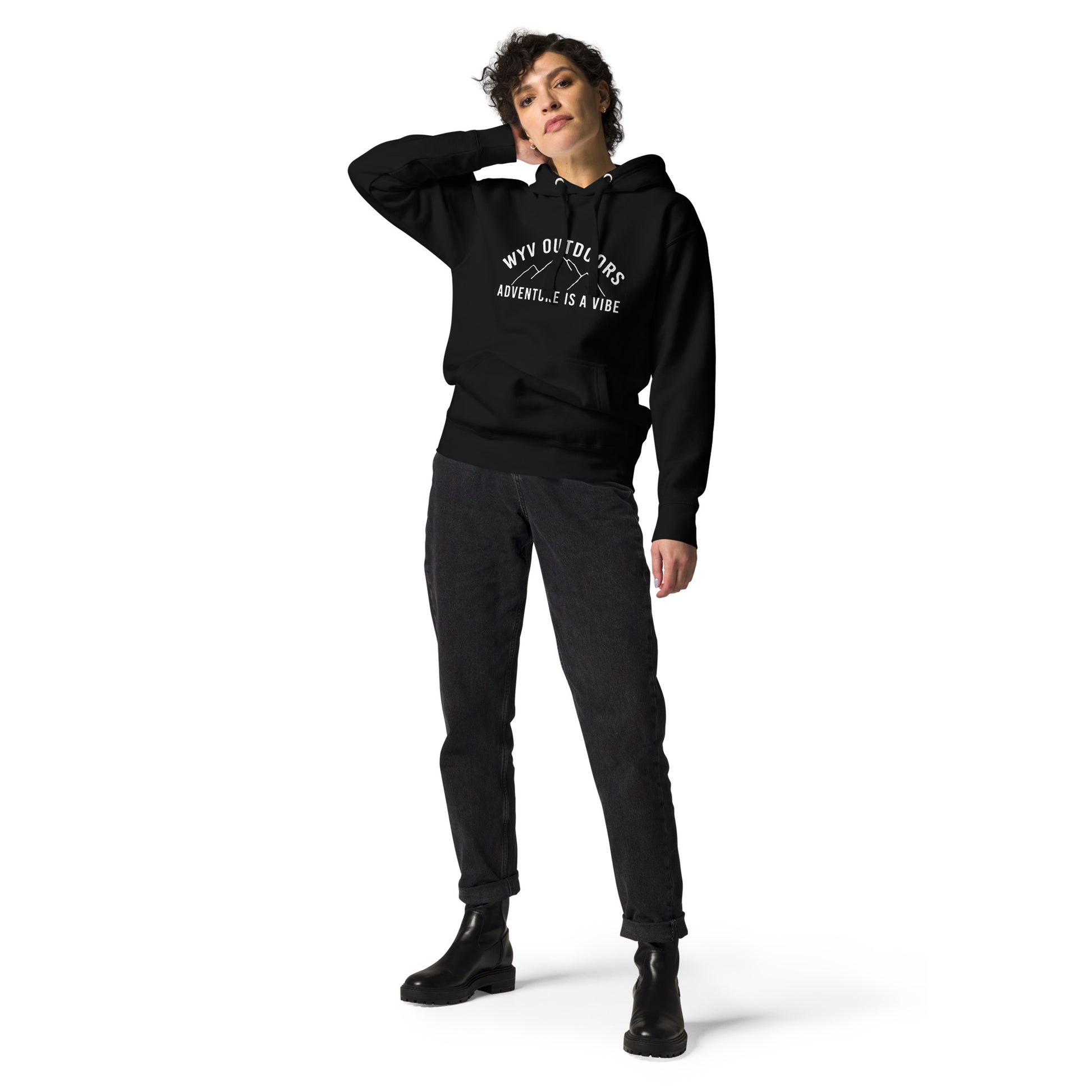 Unisex hoodie with ‘Adventure Is a Vibe’ WYV Outdoors design — WYVibe outdoor lifestyle hoodie.