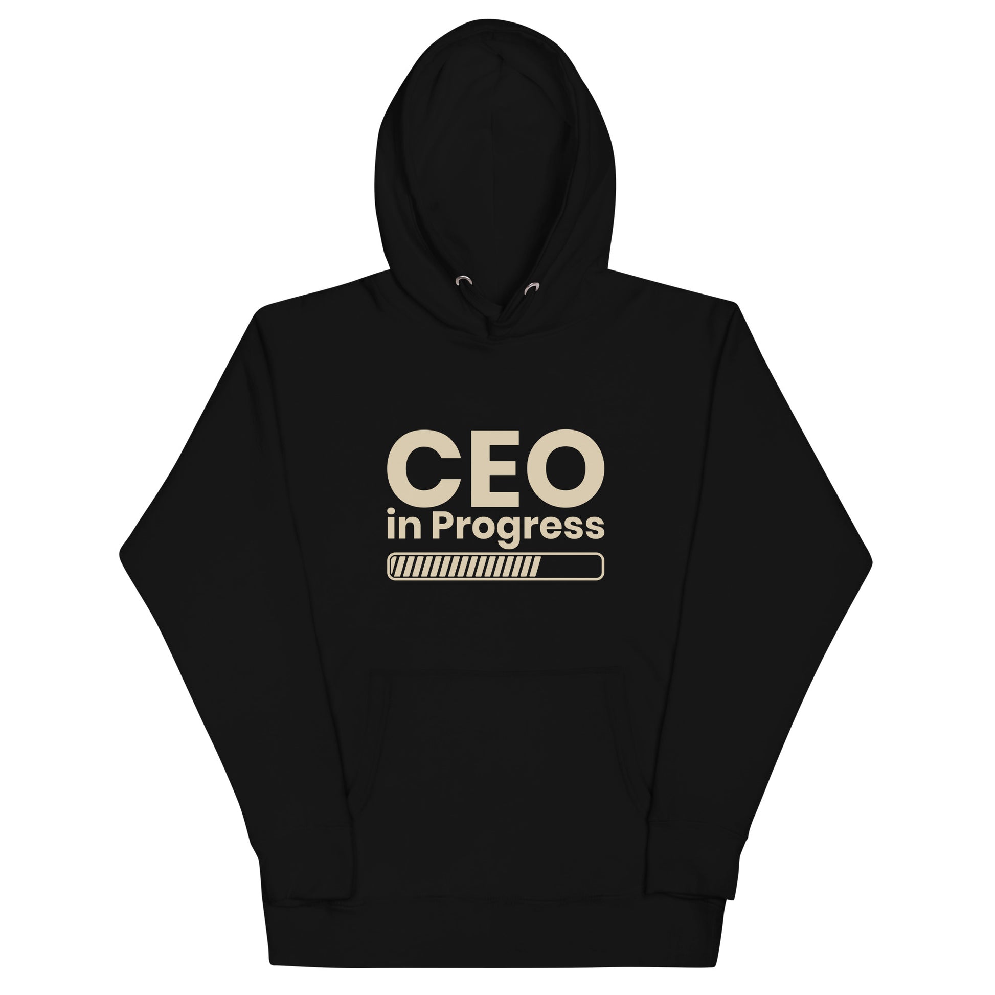 Unisex hoodie with ‘CEO in Progress’ text graphic — WYVibe entrepreneur streetwear hoodie.