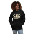 Unisex hoodie with ‘CEO in Progress’ text graphic — WYVibe entrepreneur streetwear hoodie.