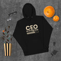 Unisex hoodie with ‘CEO in Progress’ text graphic — WYVibe entrepreneur streetwear hoodie.