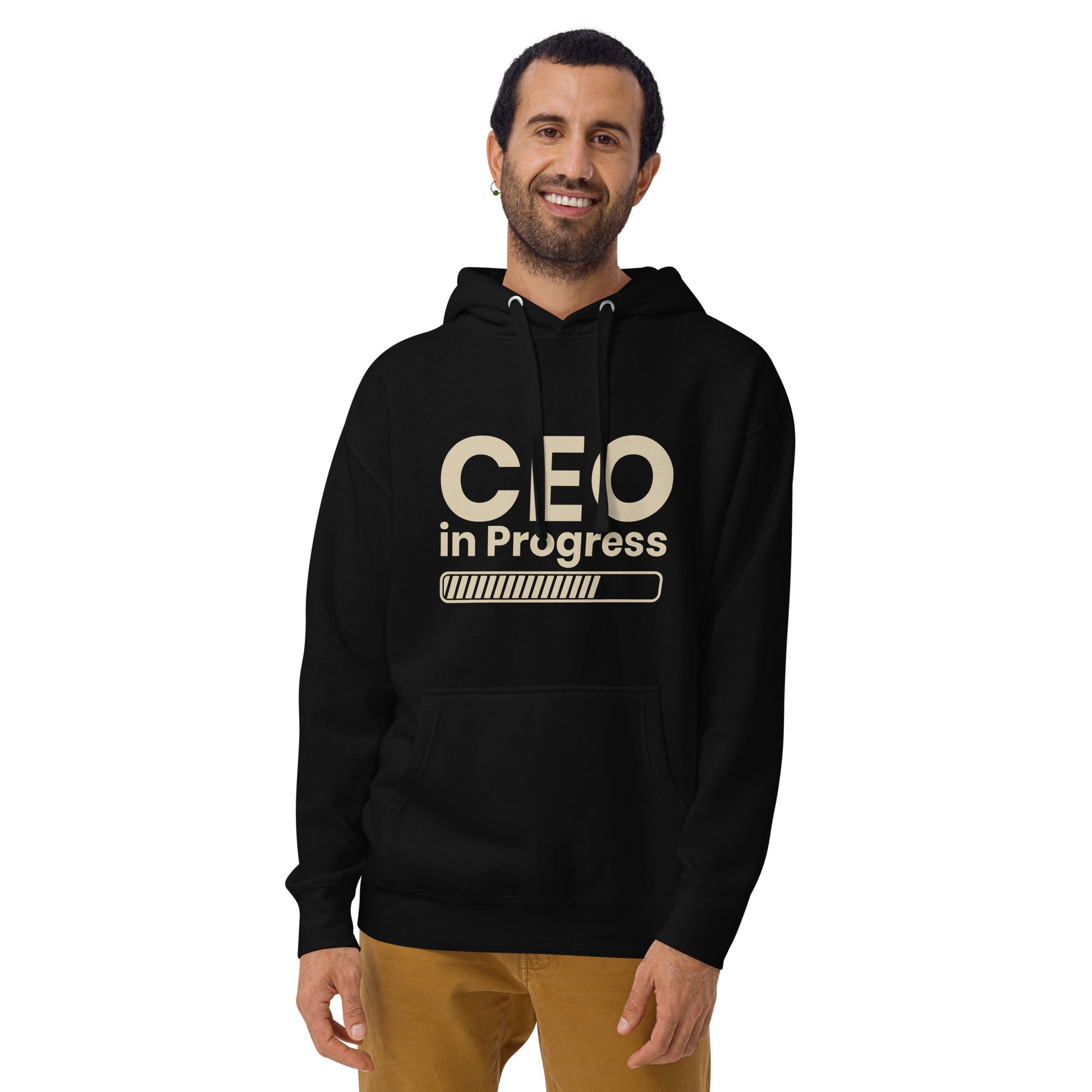 Unisex hoodie with ‘CEO in Progress’ text graphic — WYVibe entrepreneur streetwear hoodie.