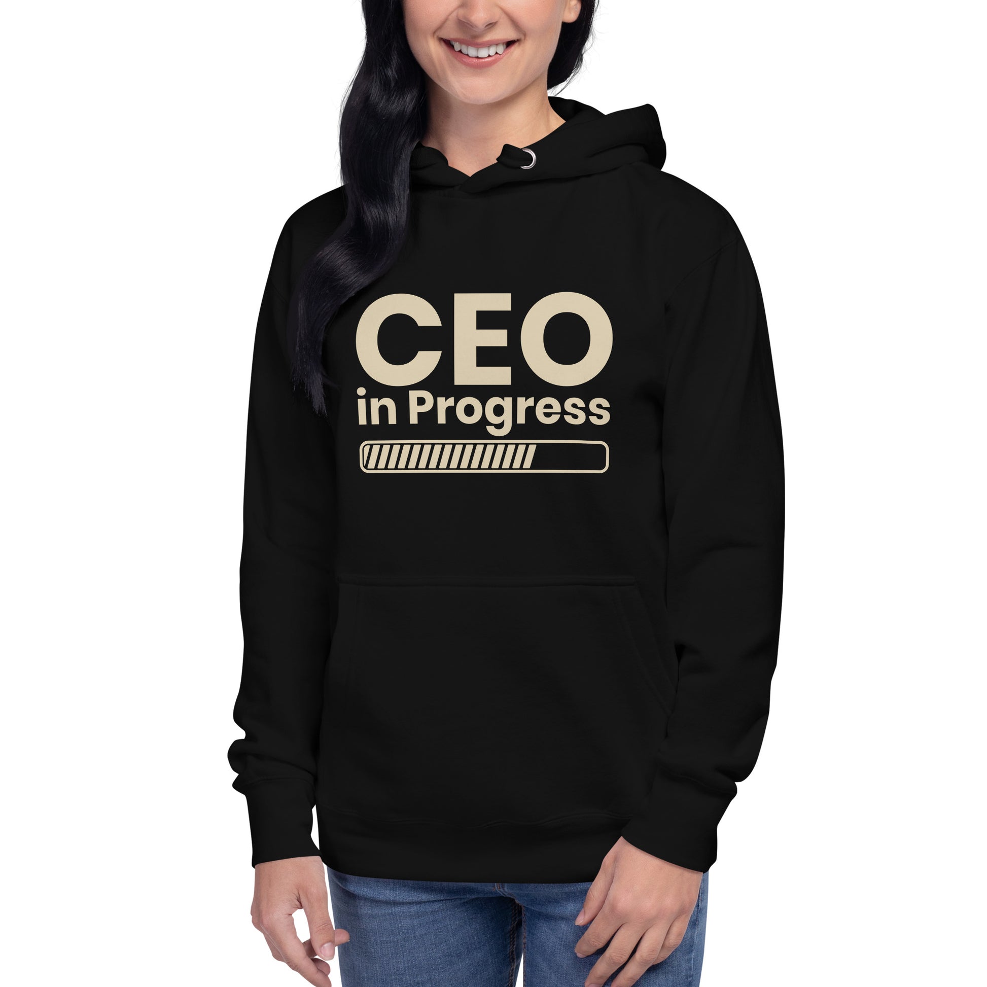 Unisex hoodie with ‘CEO in Progress’ text graphic — WYVibe entrepreneur streetwear hoodie.