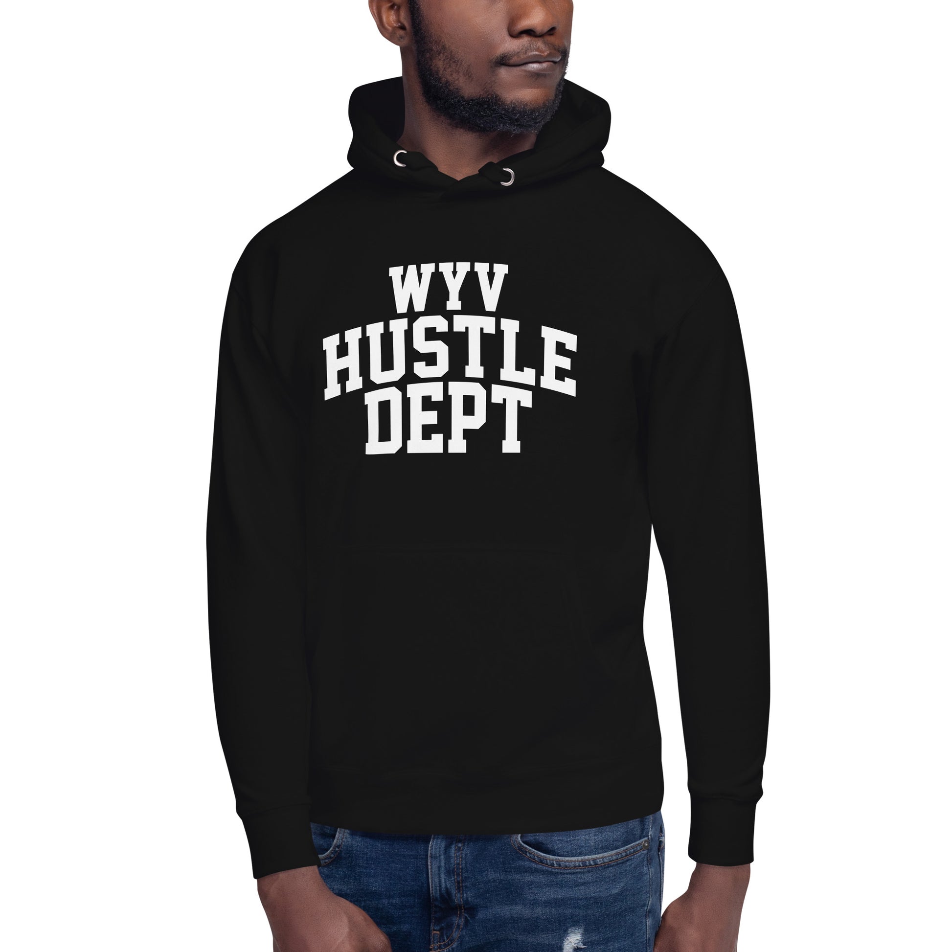 Unisex hoodie with ‘WYV Hustle Dept.’ collegiate design — WYVibe entrepreneur streetwear hoodie.