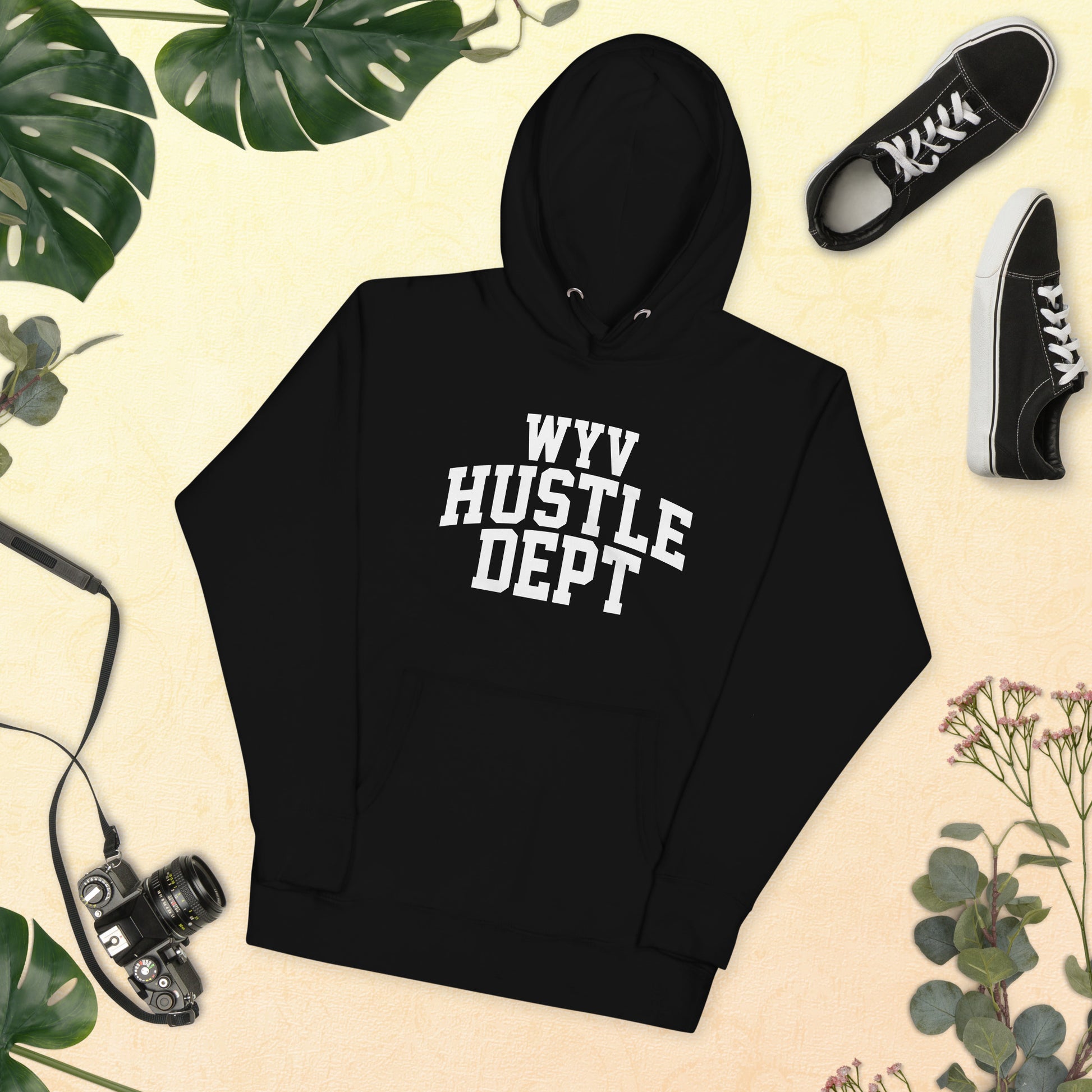 Unisex hoodie with ‘WYV Hustle Dept.’ collegiate design — WYVibe entrepreneur streetwear hoodie.