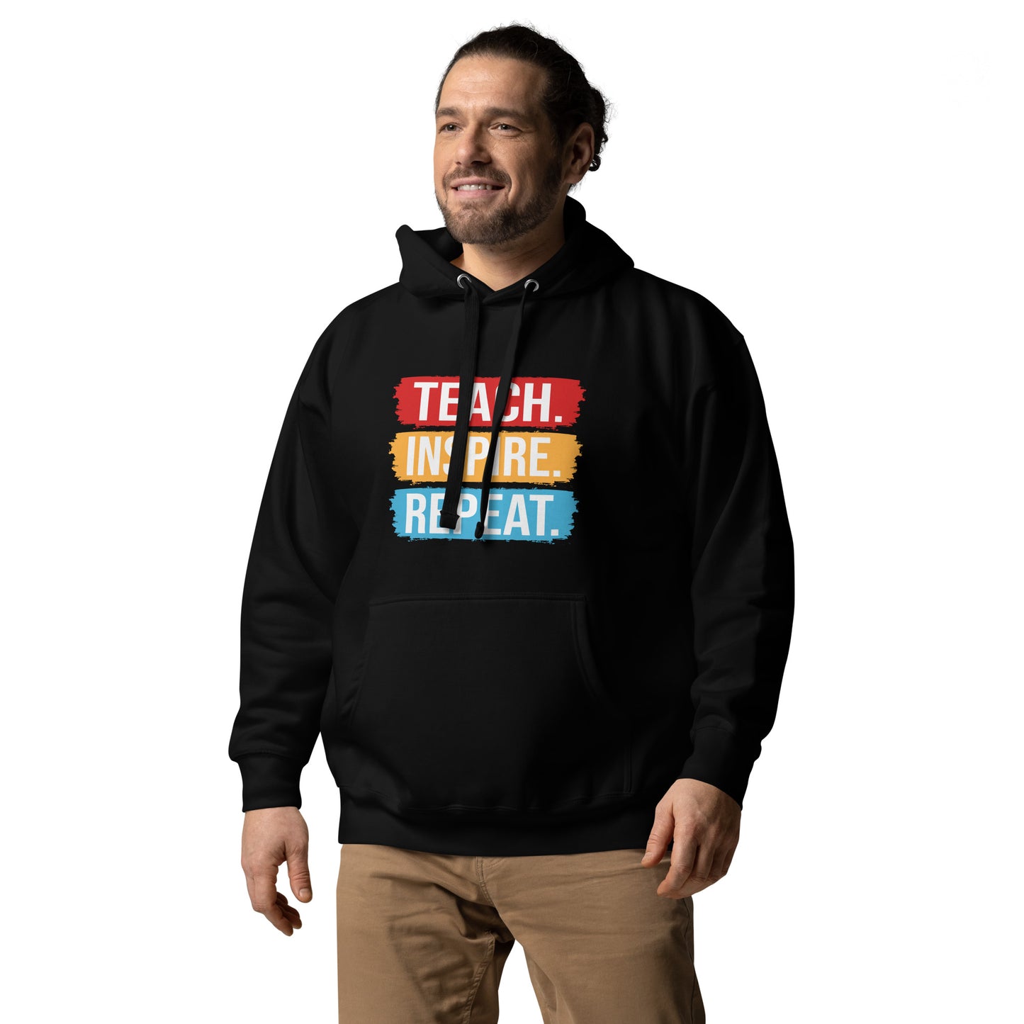 Unisex hoodie with ‘Teach. Inspire. Repeat.’ text design — WYVibe teacher hoodie.