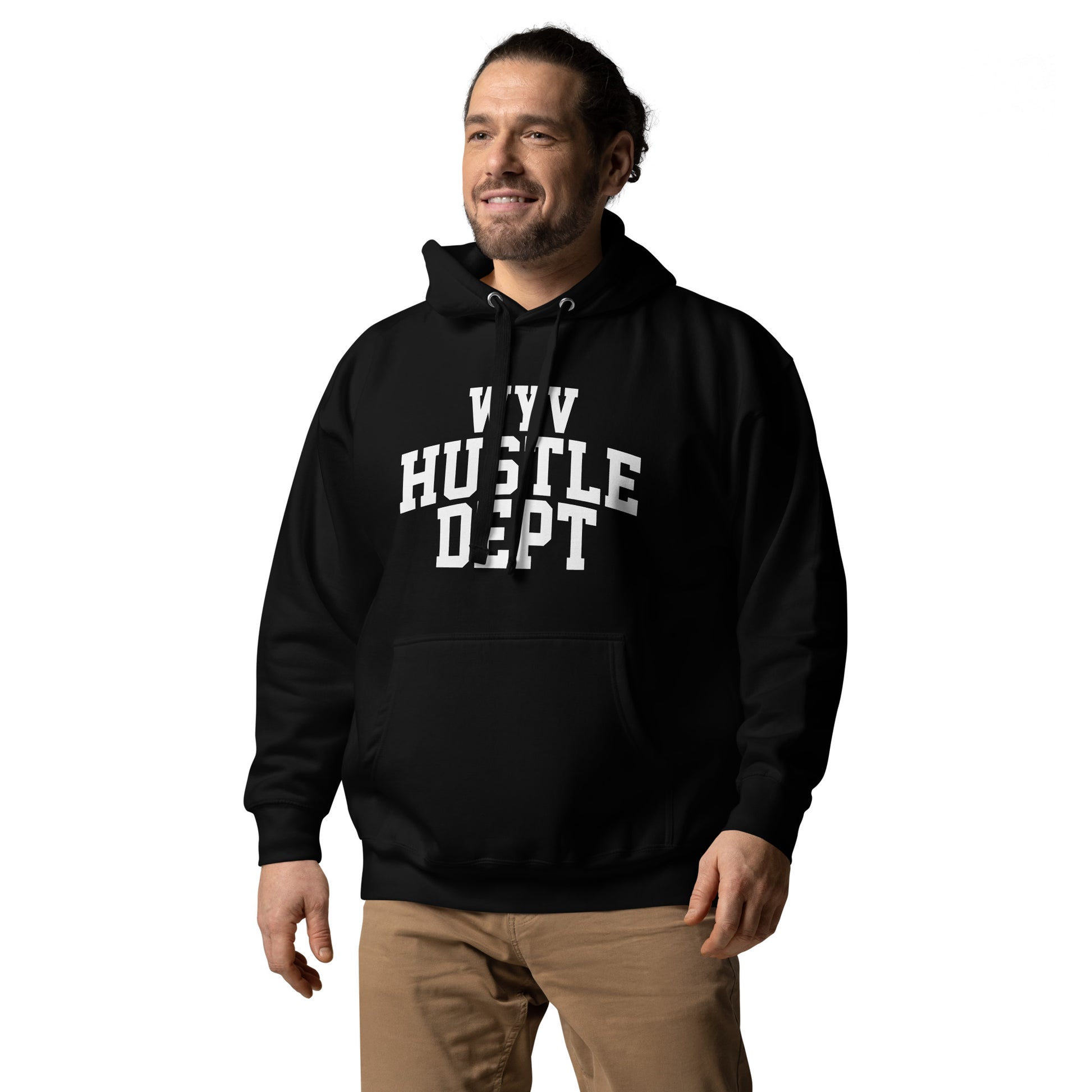 Unisex hoodie with ‘WYV Hustle Dept.’ collegiate design — WYVibe entrepreneur streetwear hoodie.