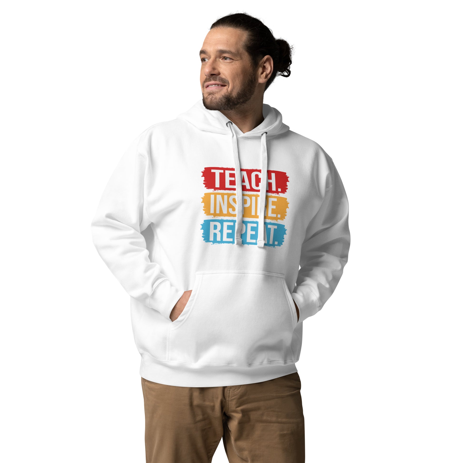 Unisex hoodie with ‘Teach. Inspire. Repeat.’ text design — WYVibe teacher hoodie.
