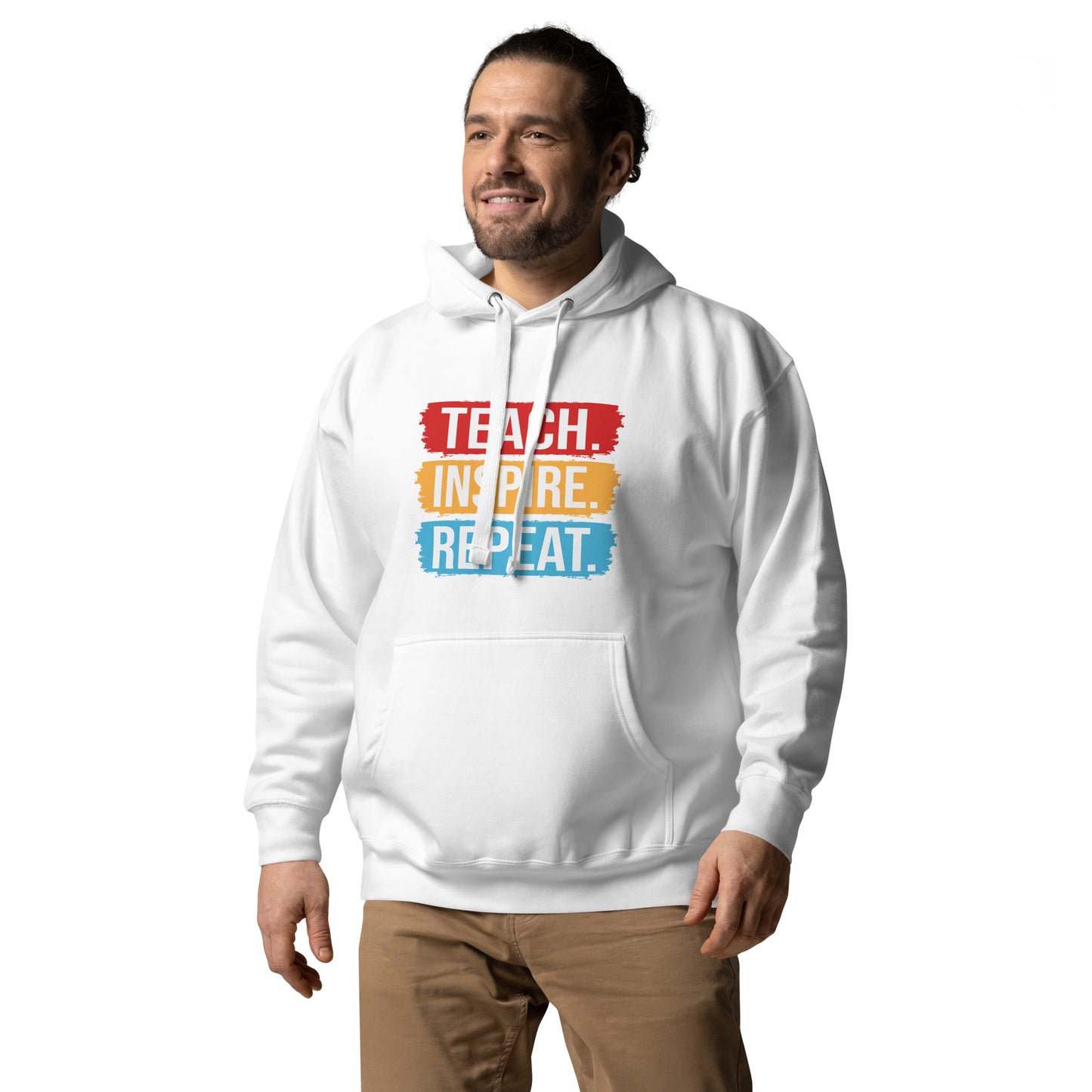Unisex hoodie with ‘Teach. Inspire. Repeat.’ text design — WYVibe teacher hoodie.