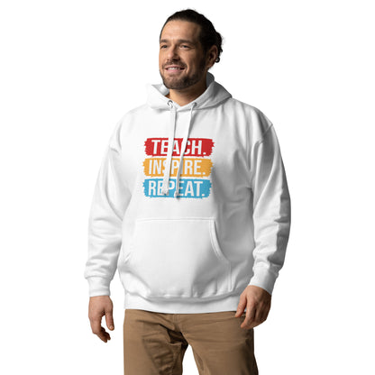 Unisex hoodie with ‘Teach. Inspire. Repeat.’ text design — WYVibe teacher hoodie.