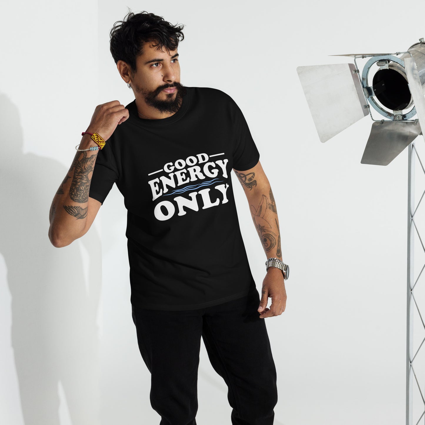 Men’s premium heavyweight t-shirt with ‘Good Energy Only’ text design — WYVibe tee.