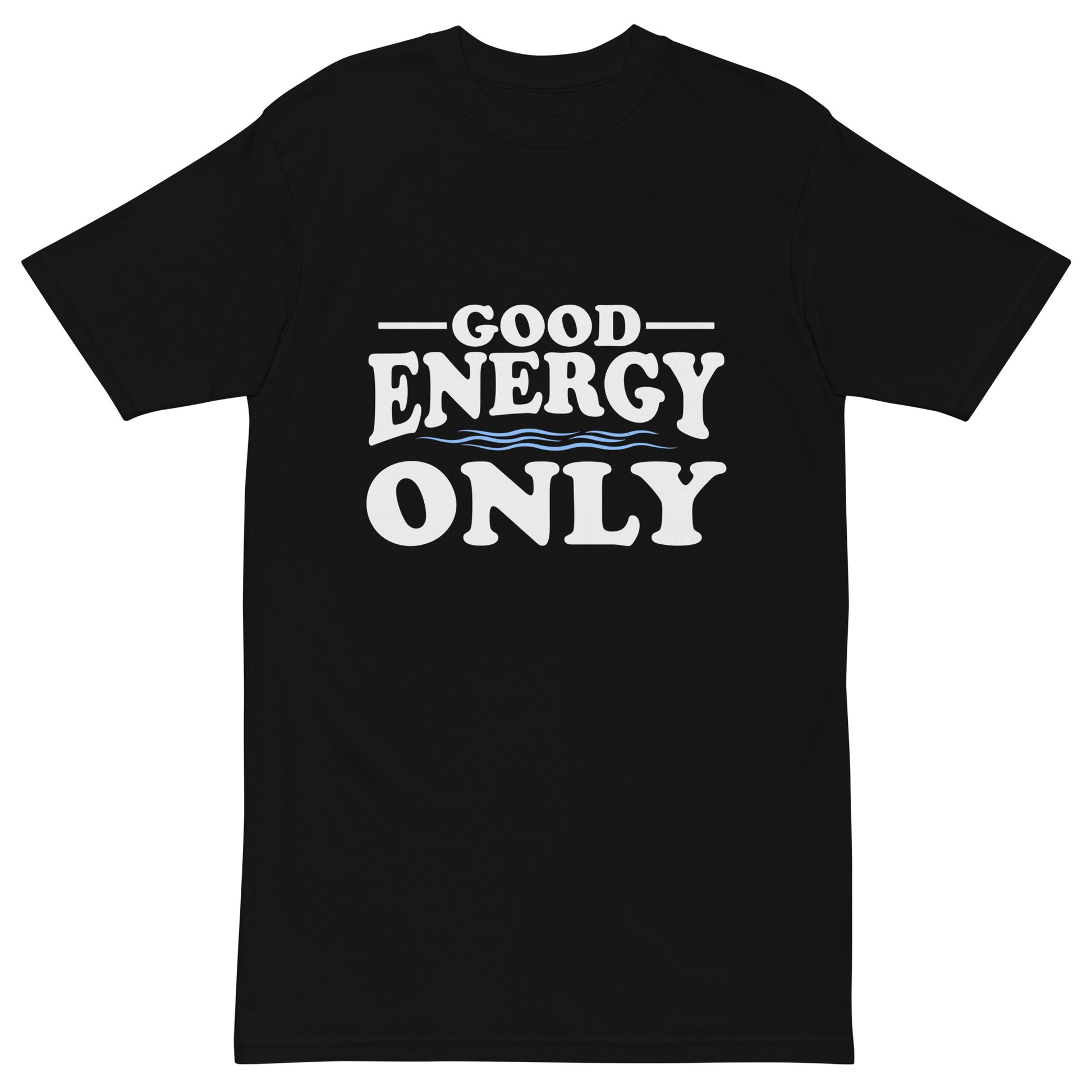 Men’s premium heavyweight t-shirt with ‘Good Energy Only’ text design — WYVibe tee.