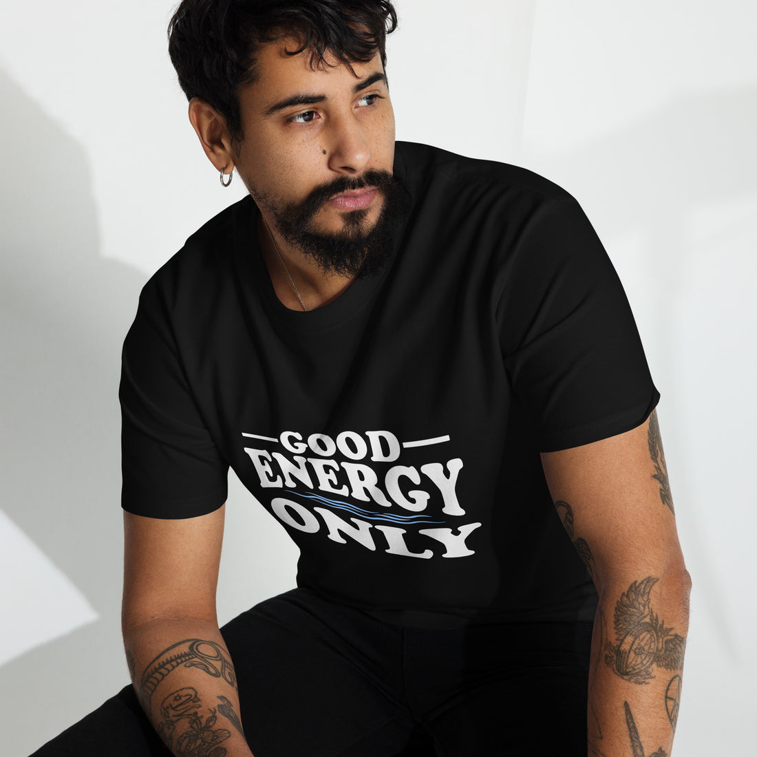 Men’s premium heavyweight t-shirt with ‘Good Energy Only’ text design — WYVibe tee.