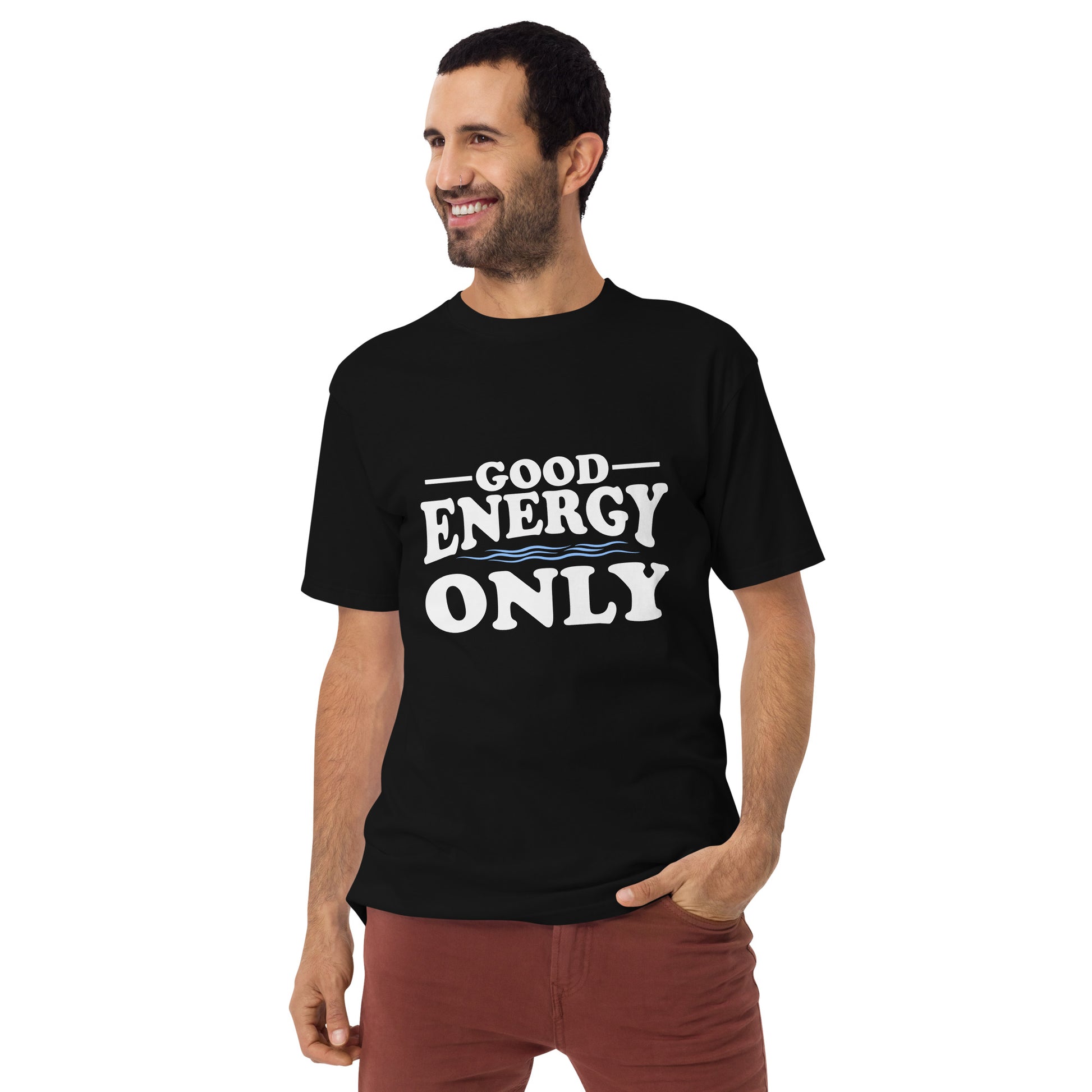 Men’s premium heavyweight t-shirt with ‘Good Energy Only’ text design — WYVibe tee.