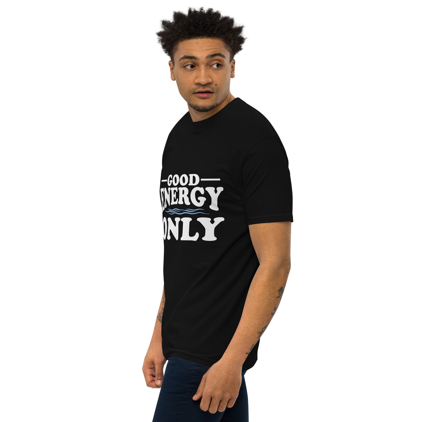 Men’s premium heavyweight t-shirt with ‘Good Energy Only’ text design — WYVibe tee.
