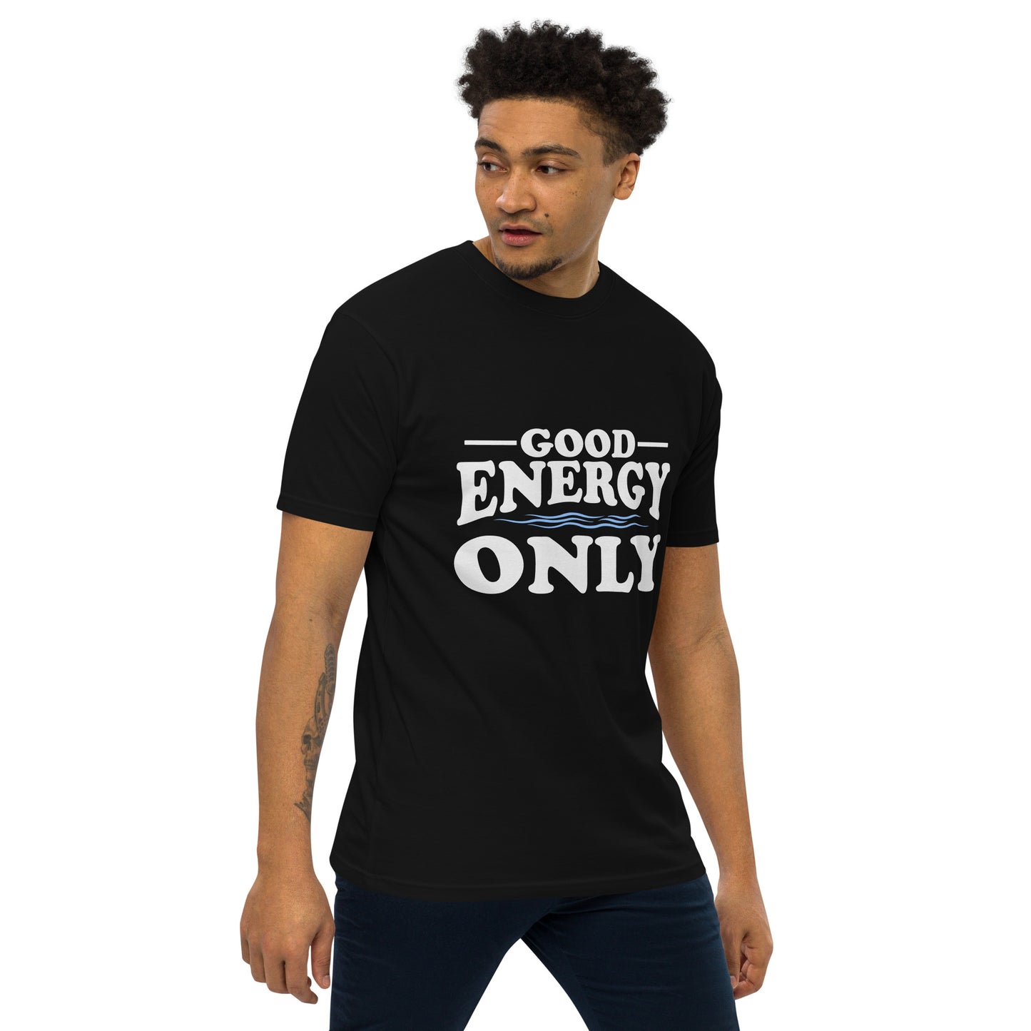 Men’s premium heavyweight t-shirt with ‘Good Energy Only’ text design — WYVibe tee.