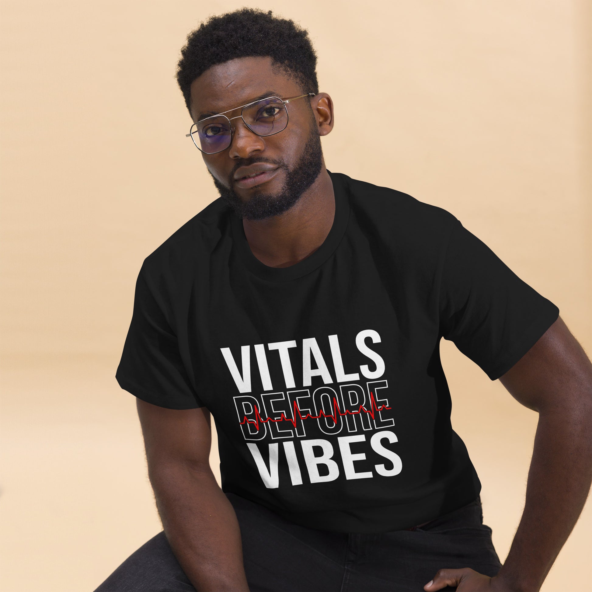 Unisex medical-themed t-shirt with ‘Vitals Before Vibes’ design — WYVibe nurse tee.