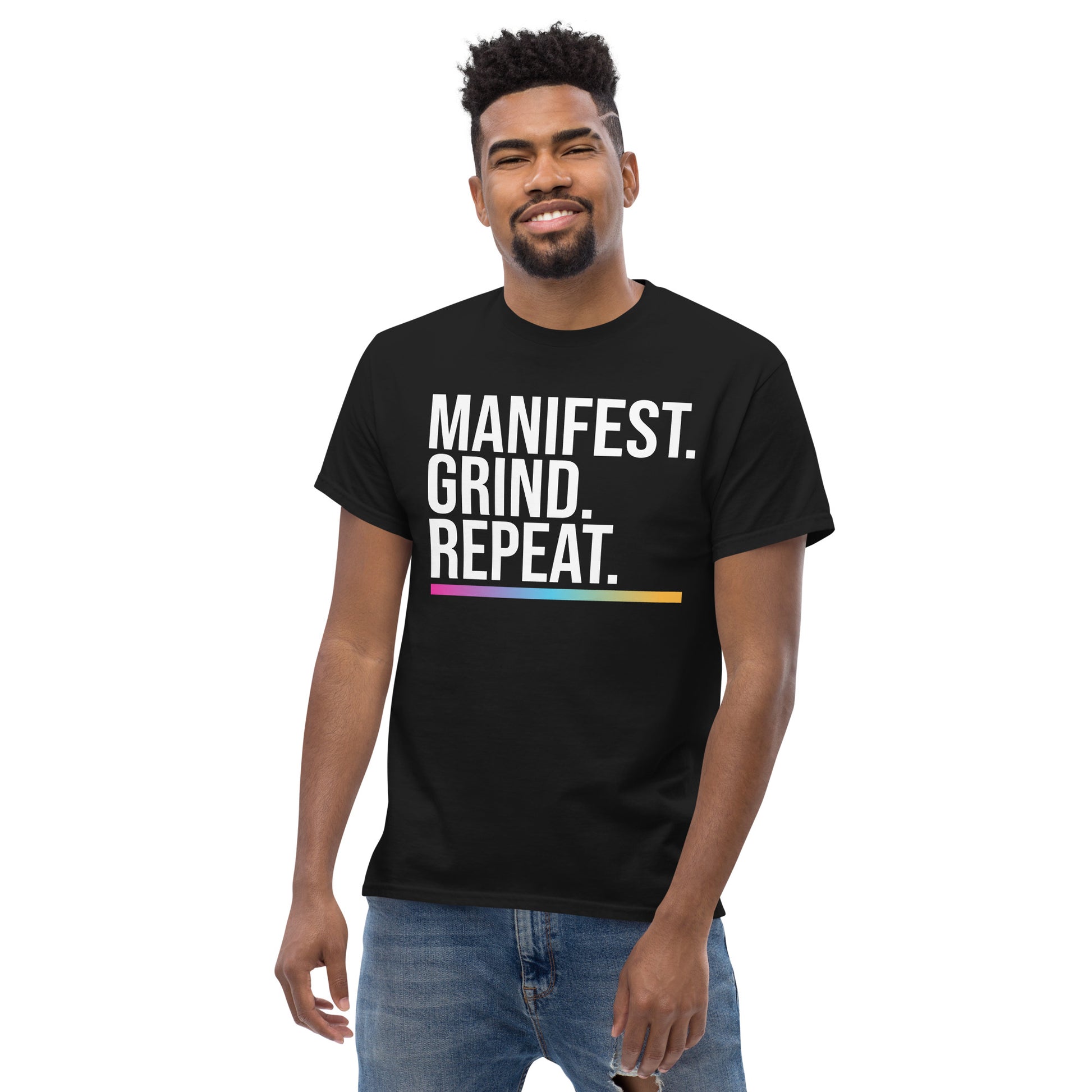 Unisex entrepreneurial t-shirt with ‘Manifest. Grind. Repeat.’ motivational design — WYVibe premium tee.