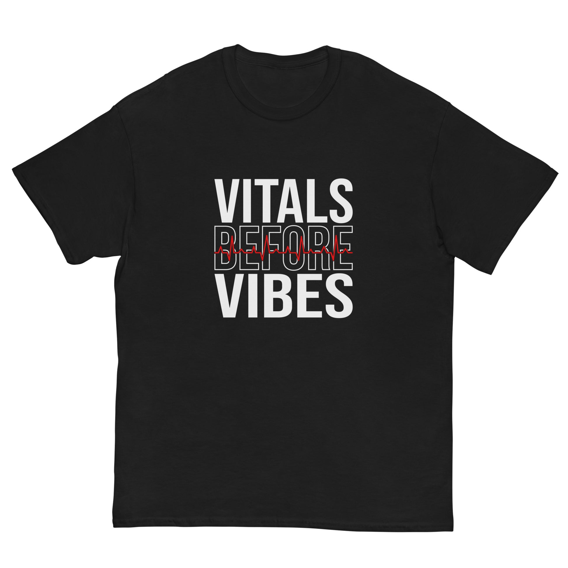 Unisex medical-themed t-shirt with ‘Vitals Before Vibes’ design — WYVibe nurse tee.