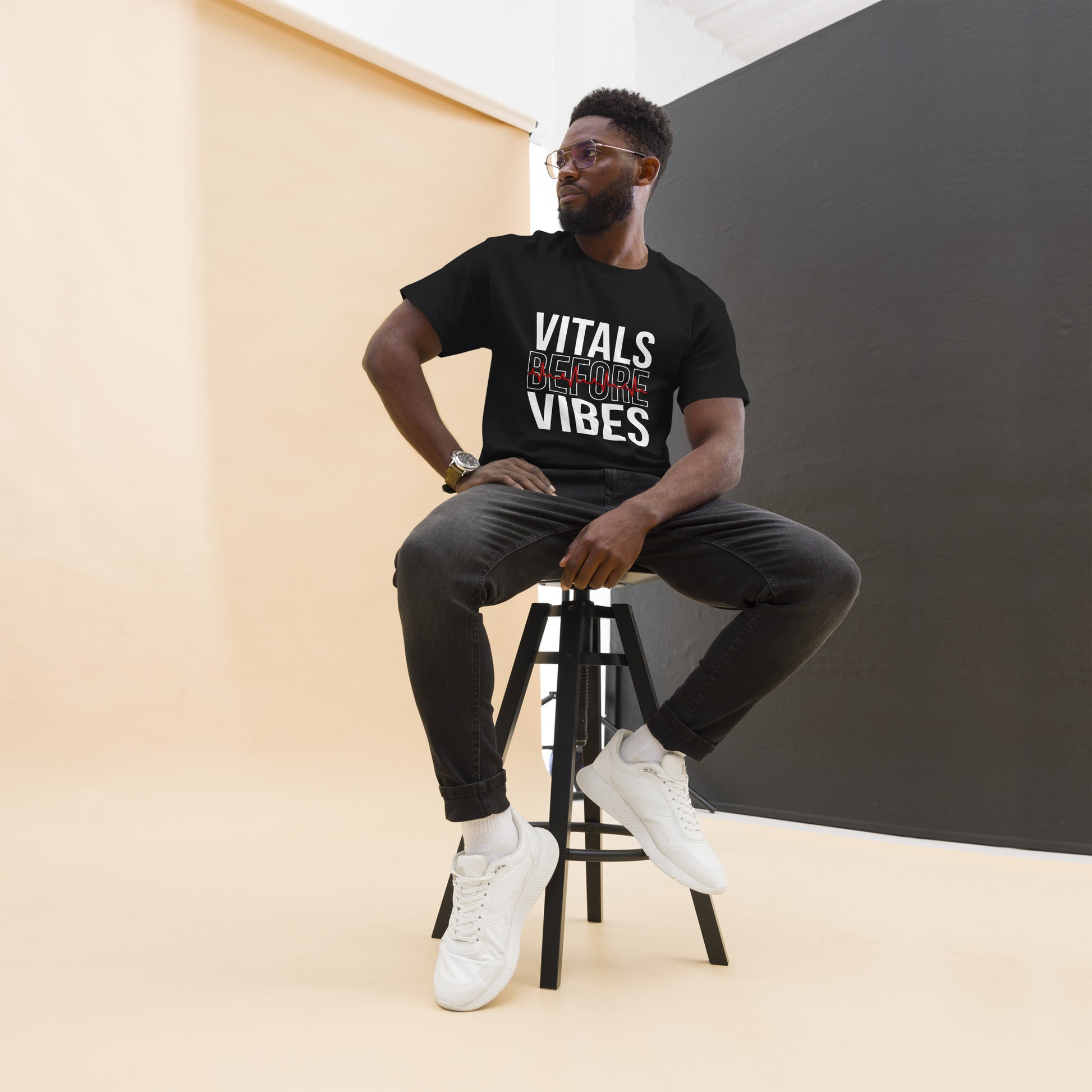 Unisex medical-themed t-shirt with ‘Vitals Before Vibes’ design — WYVibe nurse tee.