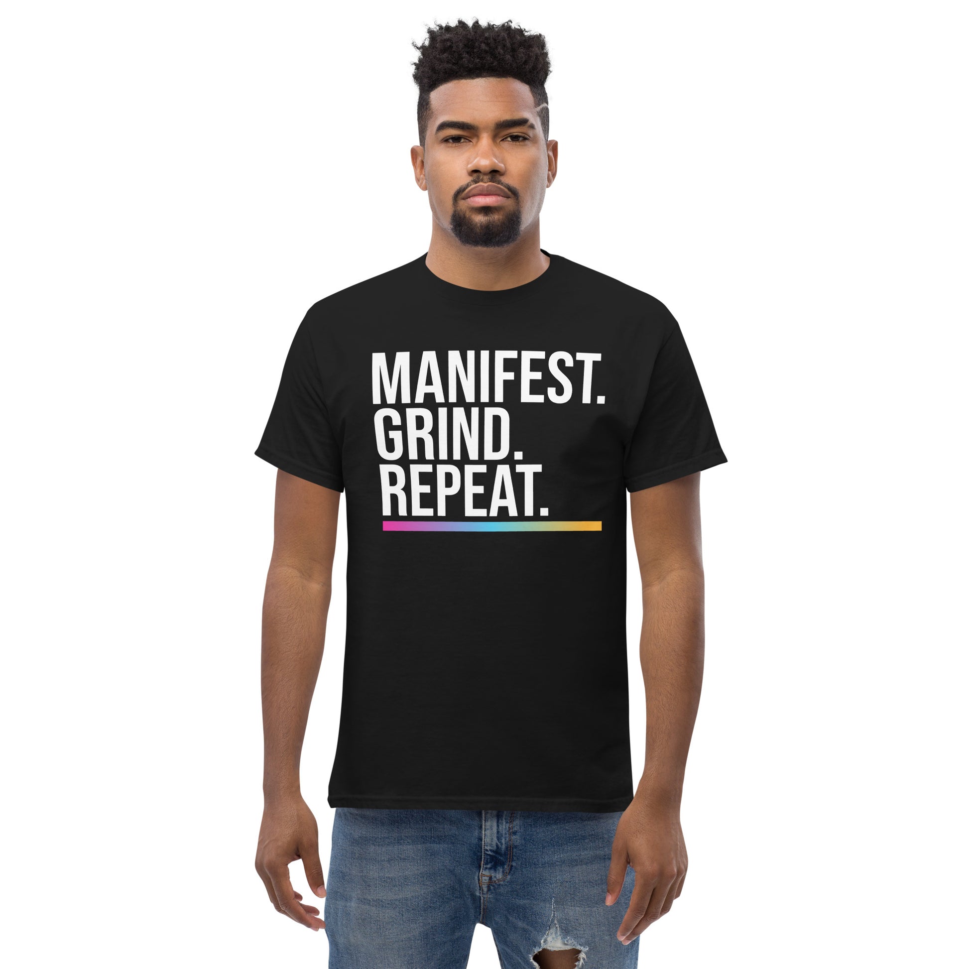 Unisex entrepreneurial t-shirt with ‘Manifest. Grind. Repeat.’ motivational design — WYVibe premium tee.