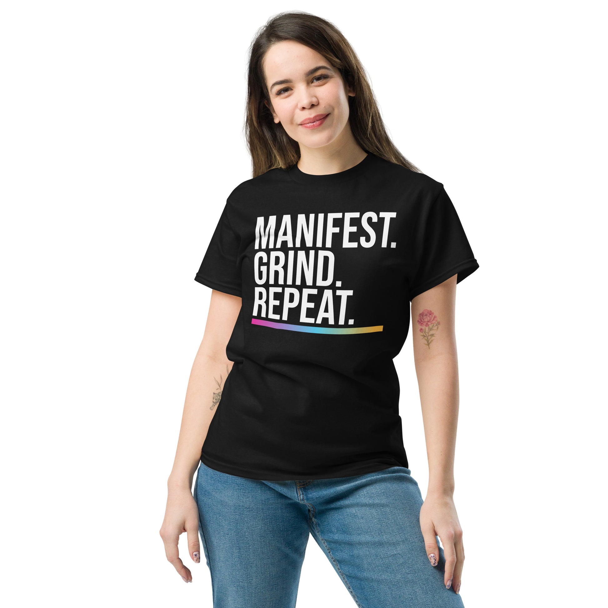 Unisex entrepreneurial t-shirt with ‘Manifest. Grind. Repeat.’ motivational design — WYVibe premium tee.
