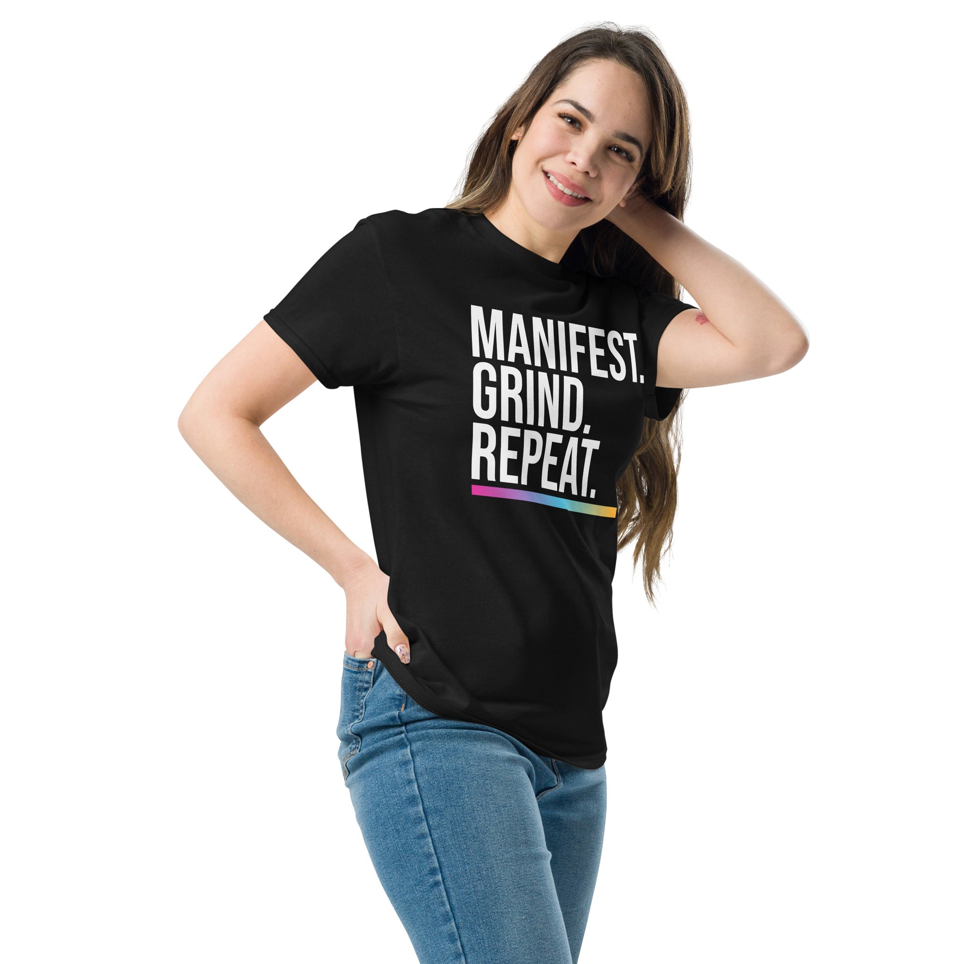 Unisex entrepreneurial t-shirt with ‘Manifest. Grind. Repeat.’ motivational design — WYVibe premium tee.