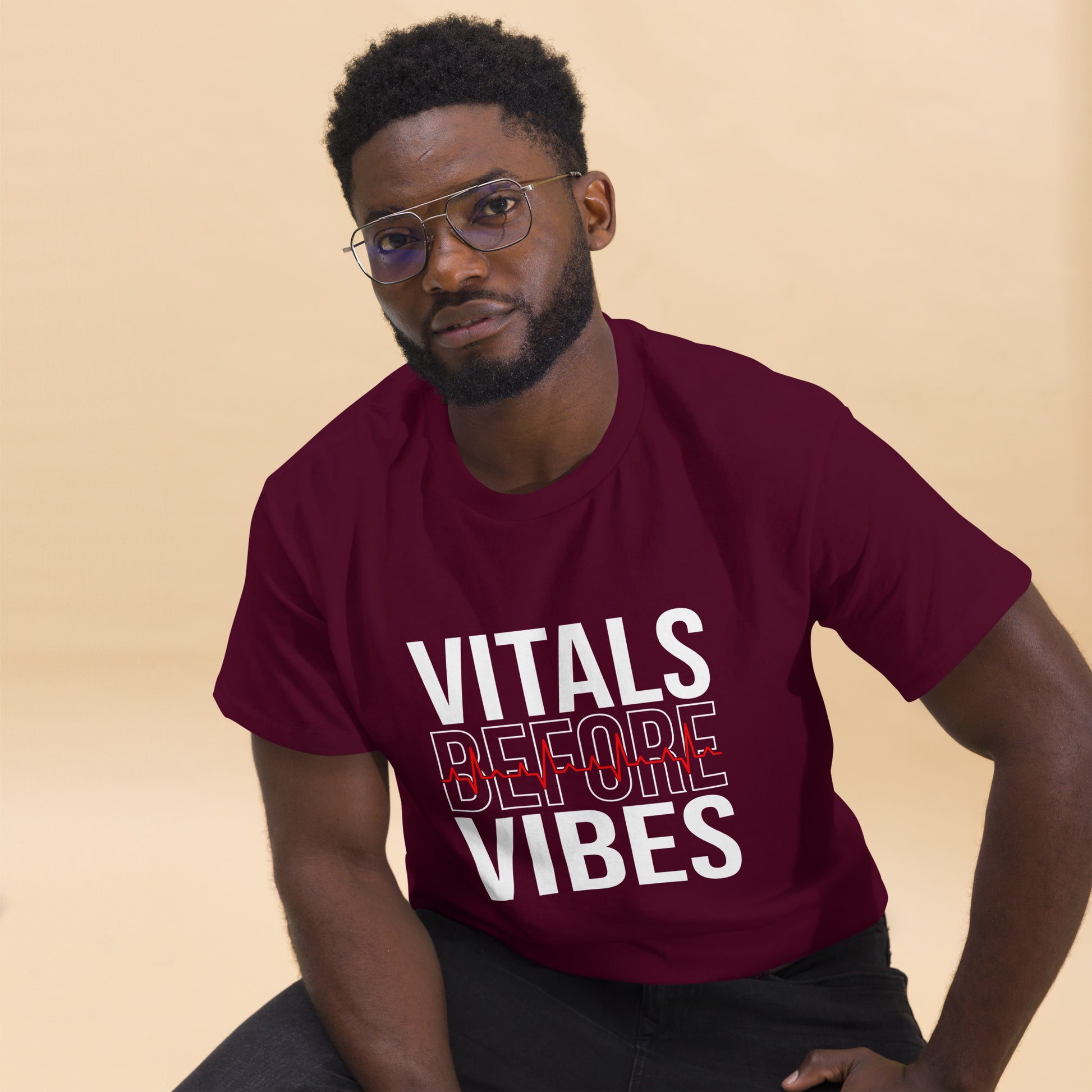 Unisex medical-themed t-shirt with ‘Vitals Before Vibes’ design — WYVibe nurse tee.