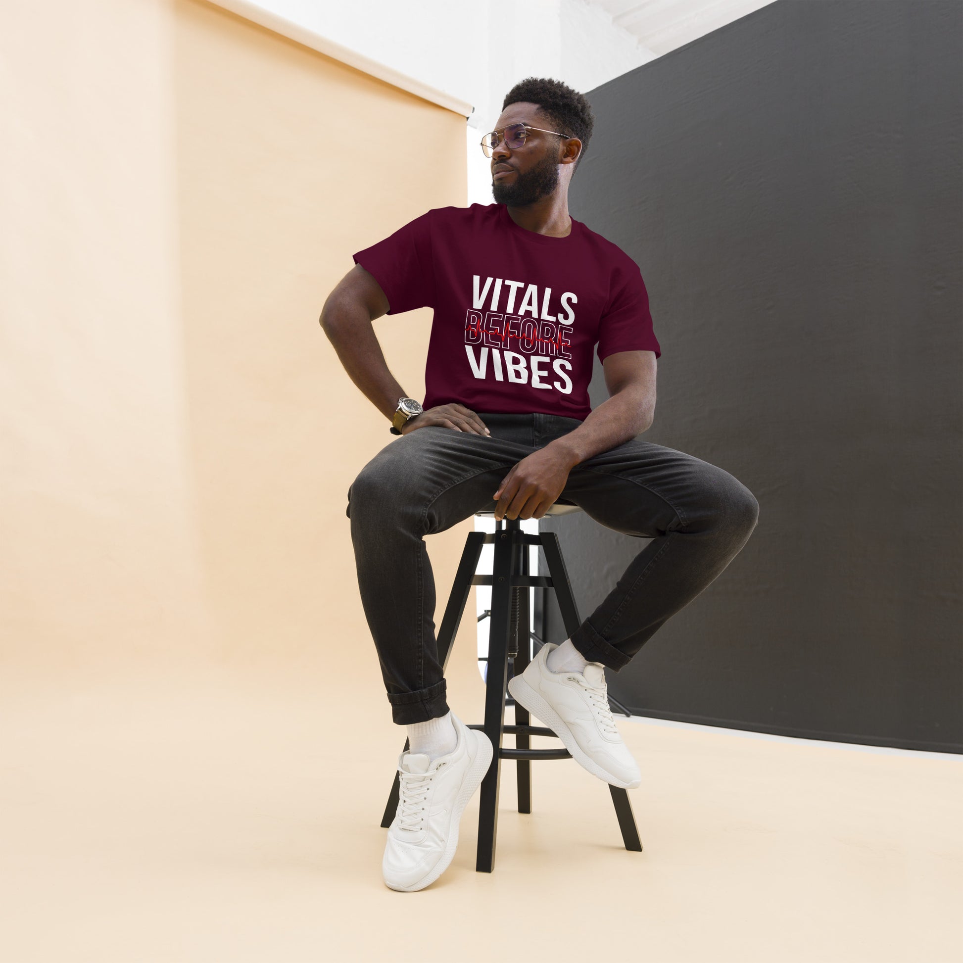 Unisex medical-themed t-shirt with ‘Vitals Before Vibes’ design — WYVibe nurse tee.