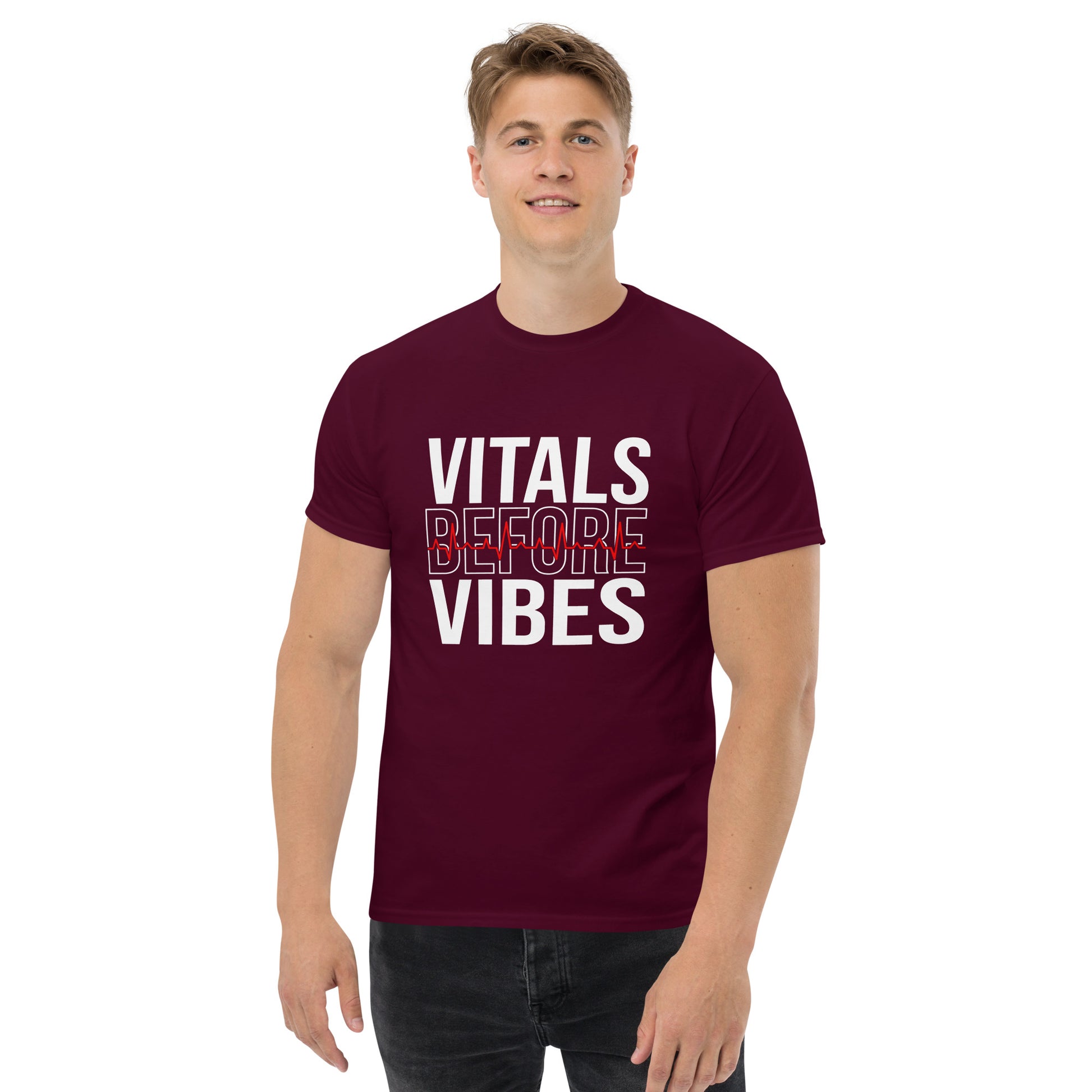 Unisex medical-themed t-shirt with ‘Vitals Before Vibes’ design — WYVibe nurse tee.