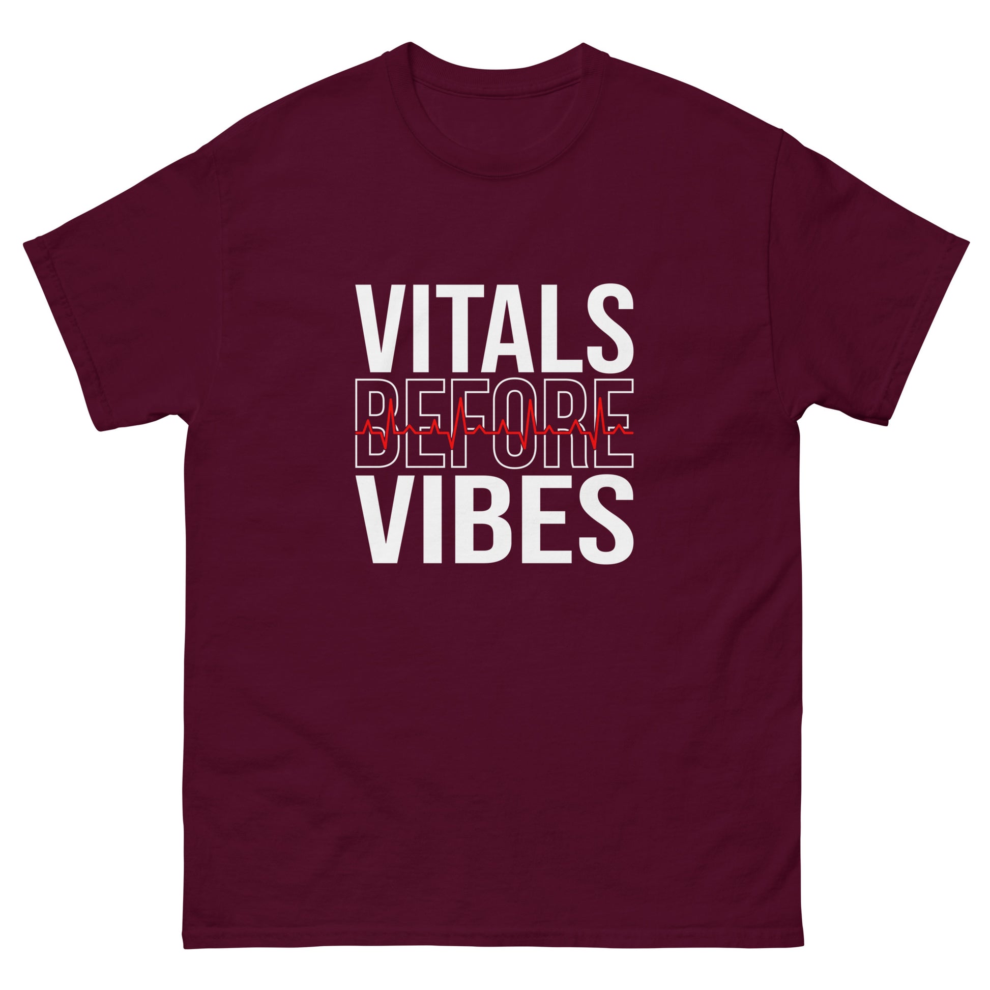 Unisex medical-themed t-shirt with ‘Vitals Before Vibes’ design — WYVibe nurse tee.
