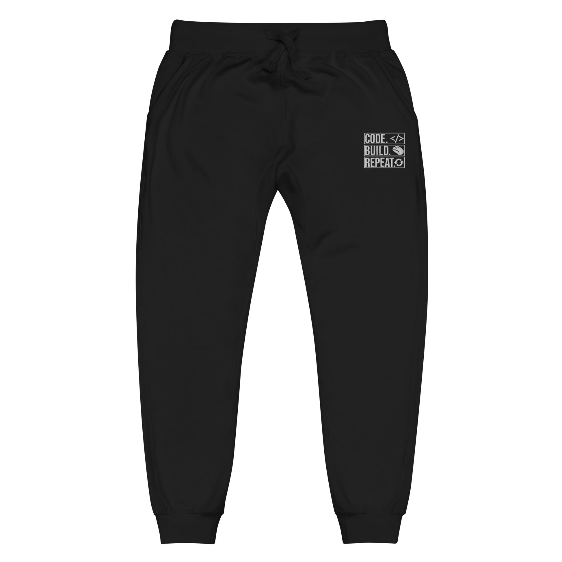 Unisex fleece sweatpants with ‘Code. Build. Repeat.’ embroidery — WYVibe joggers.