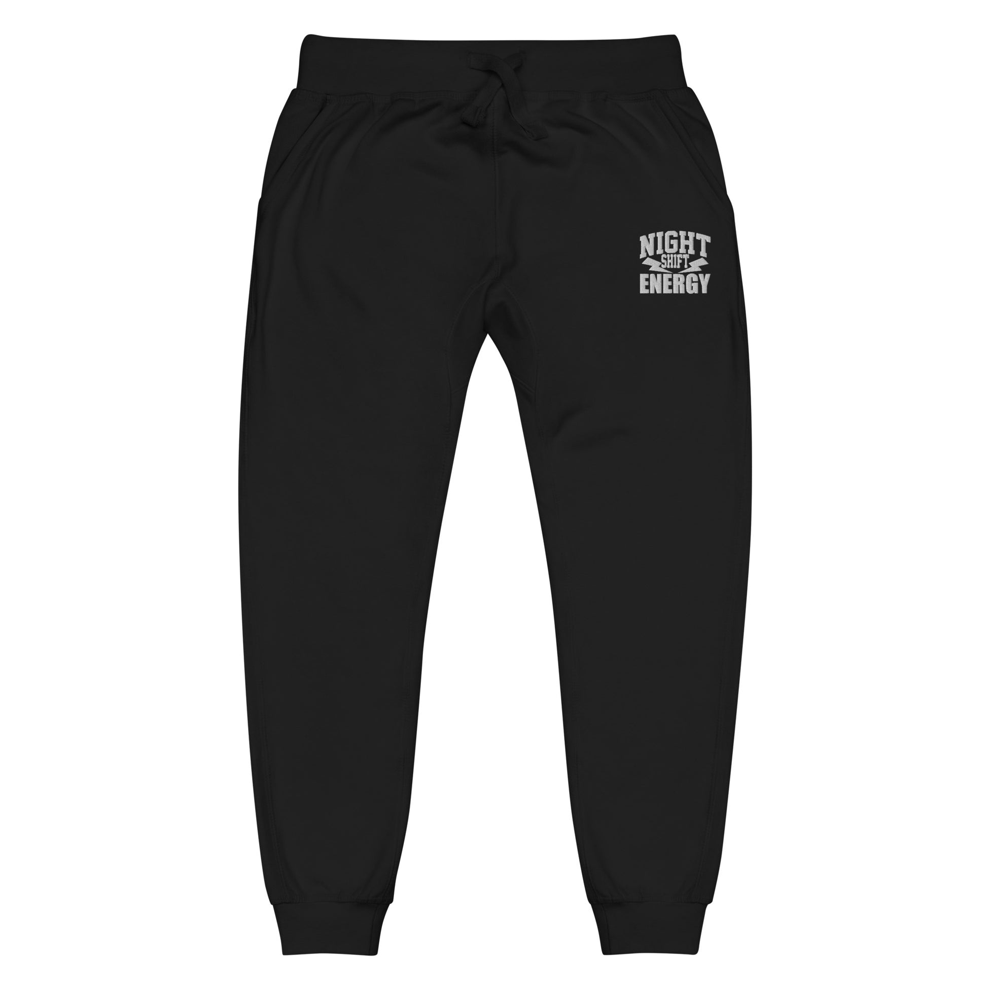 Unisex fleece sweatpants with ‘Night Shift Energy’ design — WYVibe joggers.
