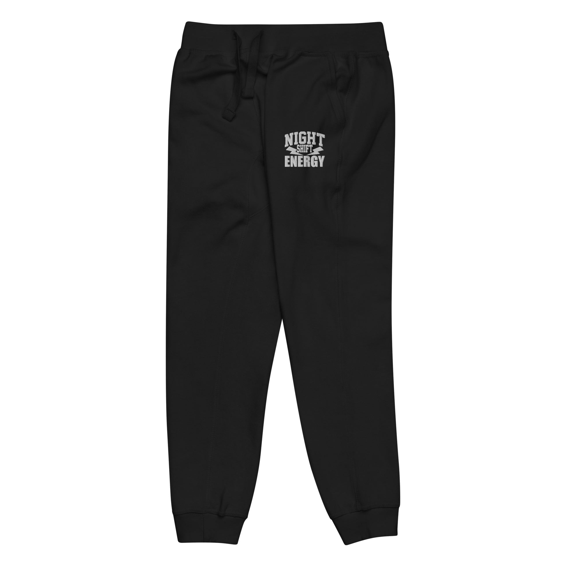 Unisex fleece sweatpants with ‘Night Shift Energy’ design — WYVibe joggers.