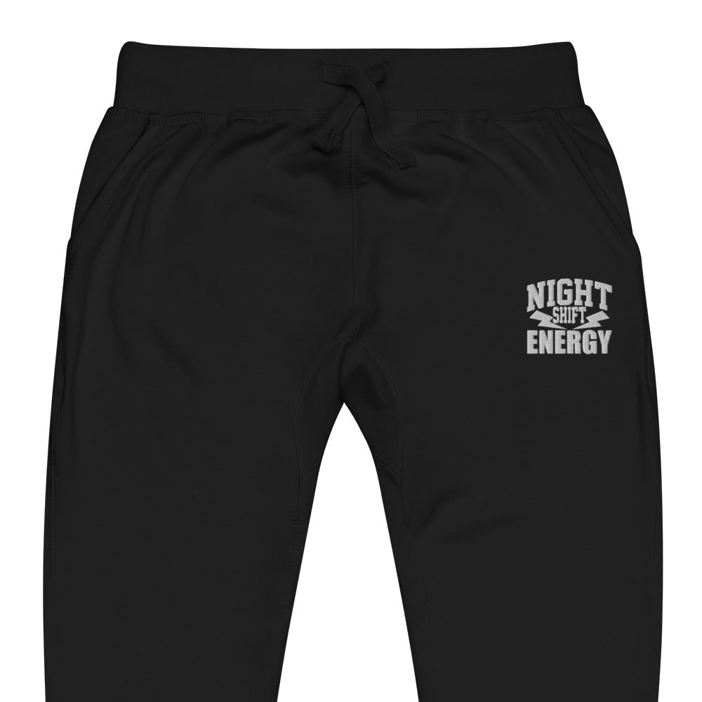Unisex fleece sweatpants with ‘Night Shift Energy’ design — WYVibe joggers.