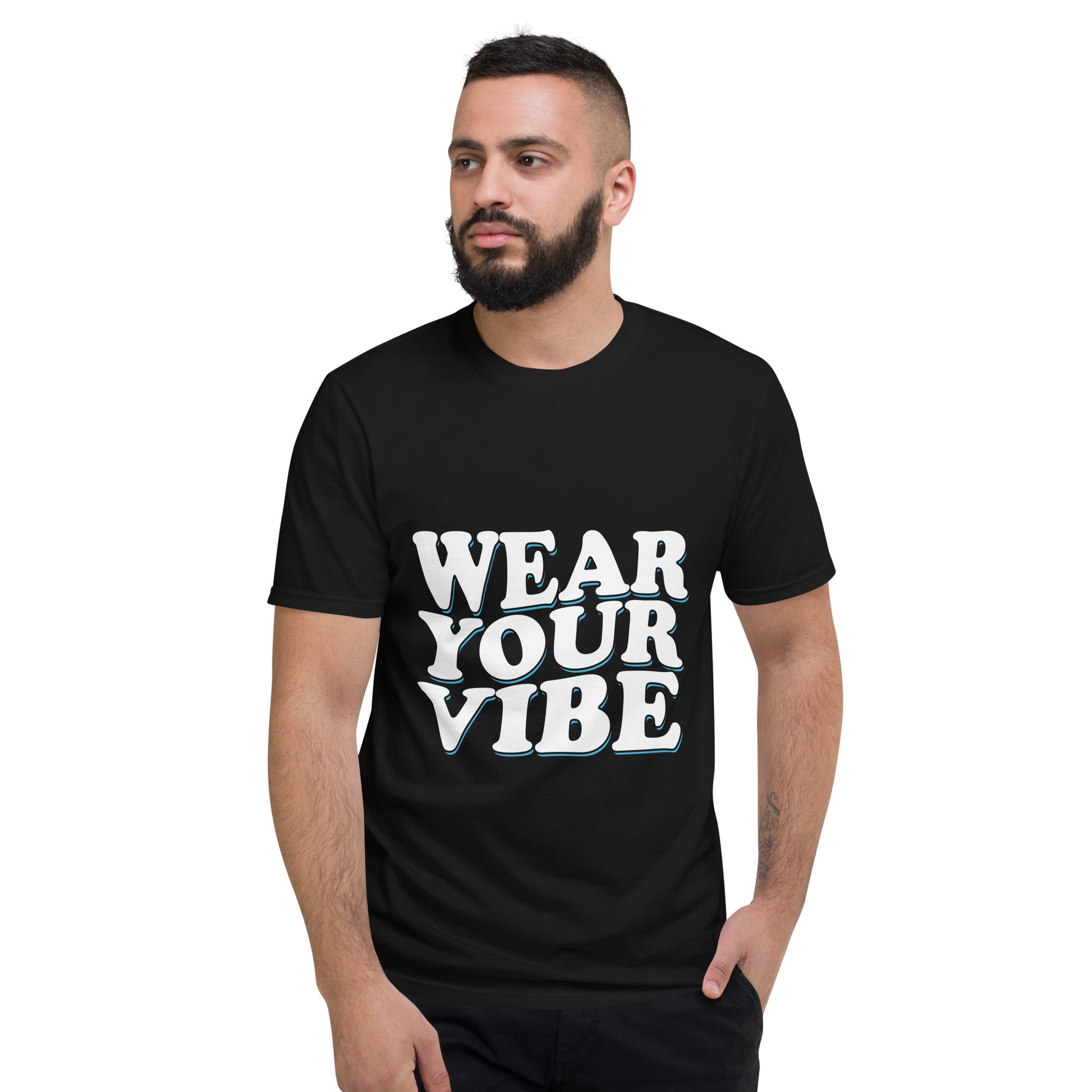 Unisex short-sleeve t-shirt with ‘Wear Your Vibe’ text design — WYVibe premium tee.
