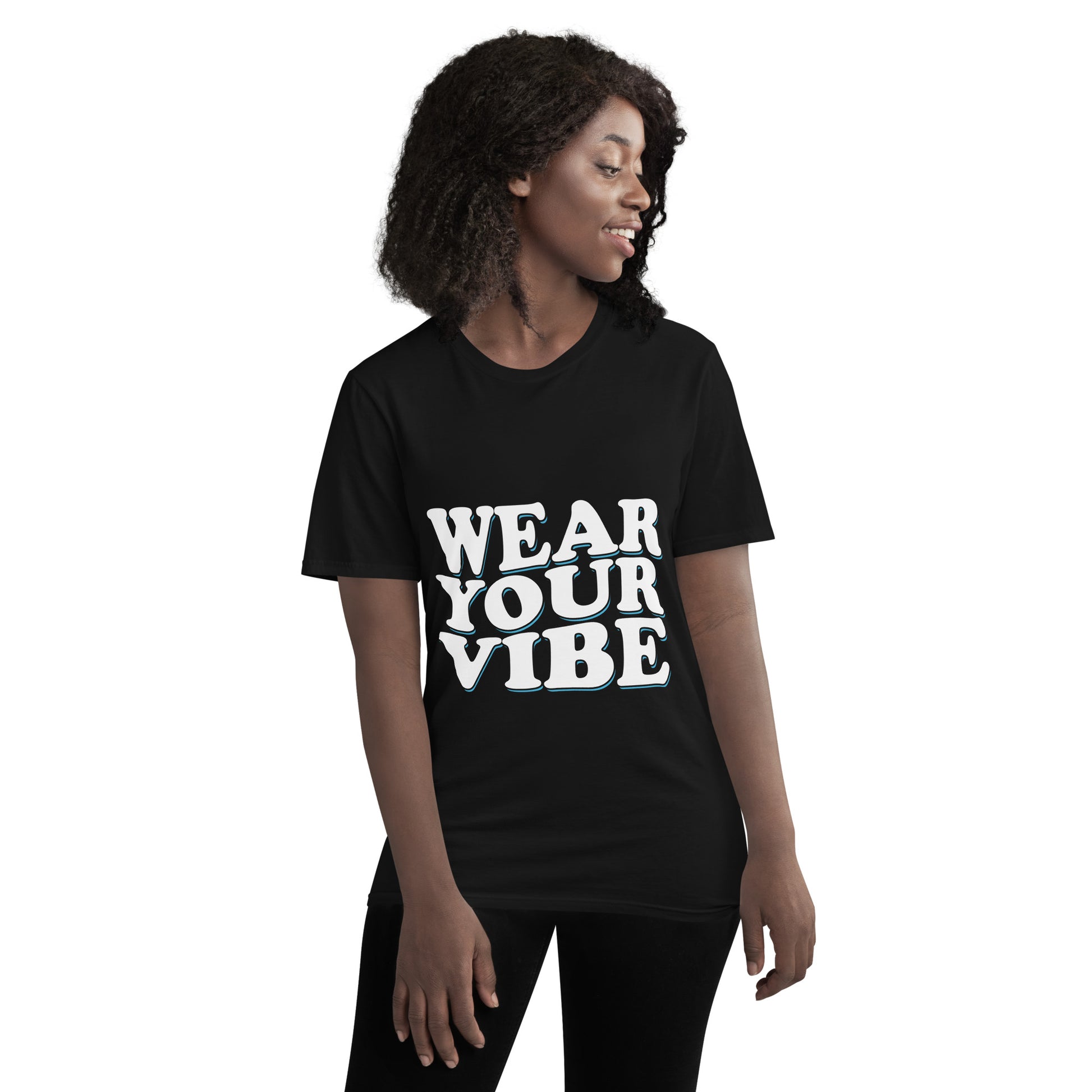 Unisex short-sleeve t-shirt with ‘Wear Your Vibe’ text design — WYVibe premium tee.